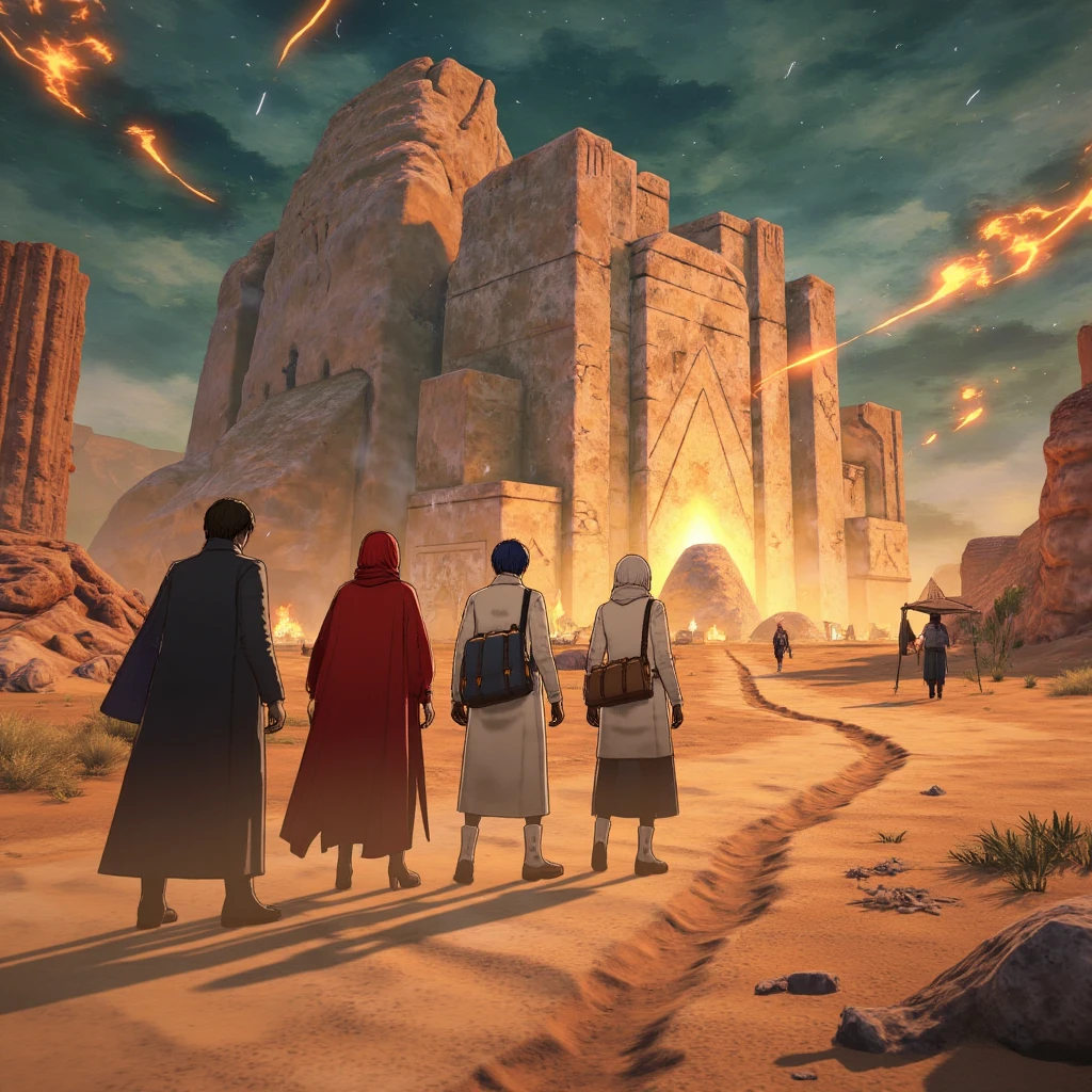 mrstyle A group of travelers in a magical desert landscape, their robes flowing dramatically in the wind. They walk towards a massive, ancient monument carved from glowing crystal. The sky is streaked with unusual colors, hinting at an otherworldly sun setting on the horizon. Dust swirls around them, but they continue undeterred, guided by the faint, pulsating light in the distance
