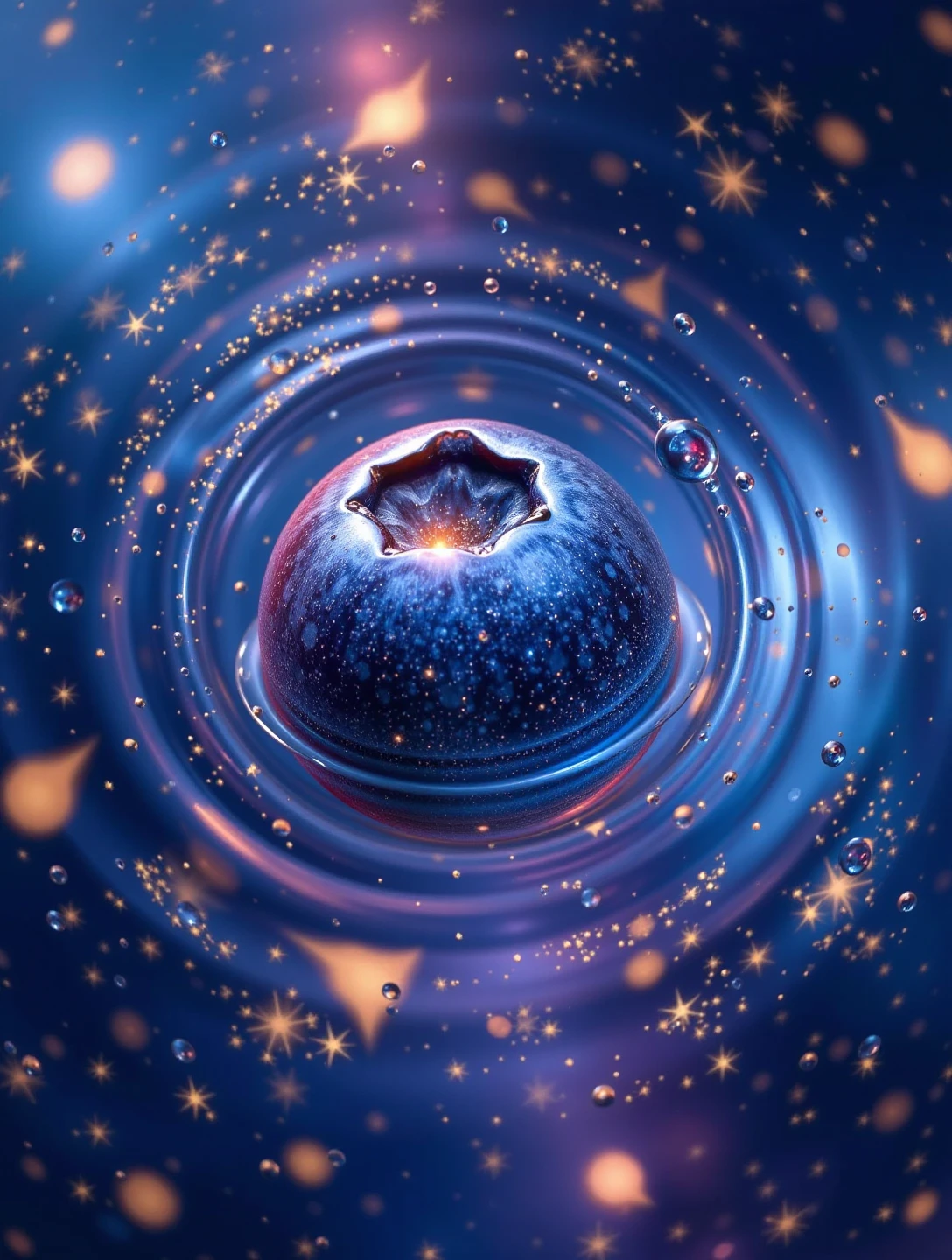 Surreal blueberry floating in a liquid galaxy, swirls of water forming constellations, droplets glowing like stars around the fruit. Deep blue and indigo background blending into cosmic hues, the berry’s surface glowing faintly with starlight, creating a sense of cosmic wonder, mixing natural and celestial elements in a dreamlike, space-inspired atmosphere.





