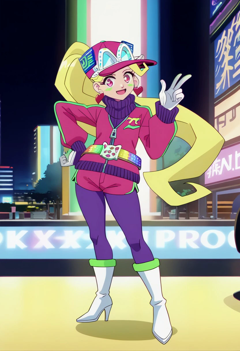 score_9, score_8_up, score_7_up BREAK AniPitstop, 1girl, blonde hair, ponytail, pink eyes, pink lipstick, green blush, pink baseball cap, white goggles on head, heart earrings, rainbow belt, green-jeweled cat silver buckle, long-sleeved pink jacket, purple sweater, white gloves, pink shorts, purple tights, white high-heeled boots, solo, solo focus, female, female focus, full body, screenshot, official art, parody, anime footage, official design, screencap, anime screenshot, official screenshot, 2d, anime, source_anime, smiling at viewer, futuristic tokyo background, tokyo neon outdoors,