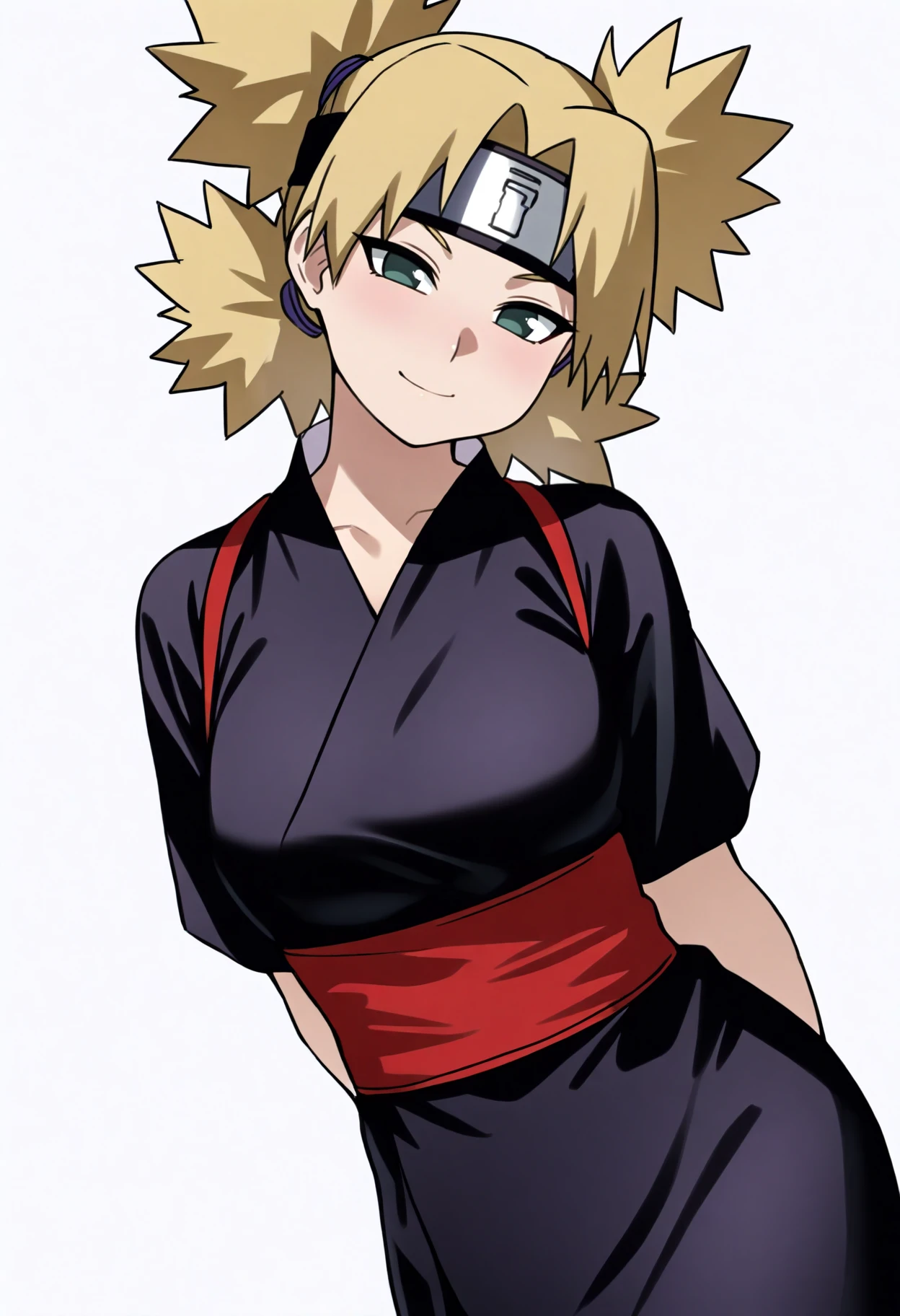 best quality, amazing quality, very aesthetic, absurdres,
1girl, temari, blonde hair,quad tails, dark green eyes,
forehead protector, black kimono, red sash, short sleeves,
arms behind back, solo, upper body, smile, looking at viewer, simple background, white background  <lora:TemariShippudenIllustriousXL_byKonan:1>