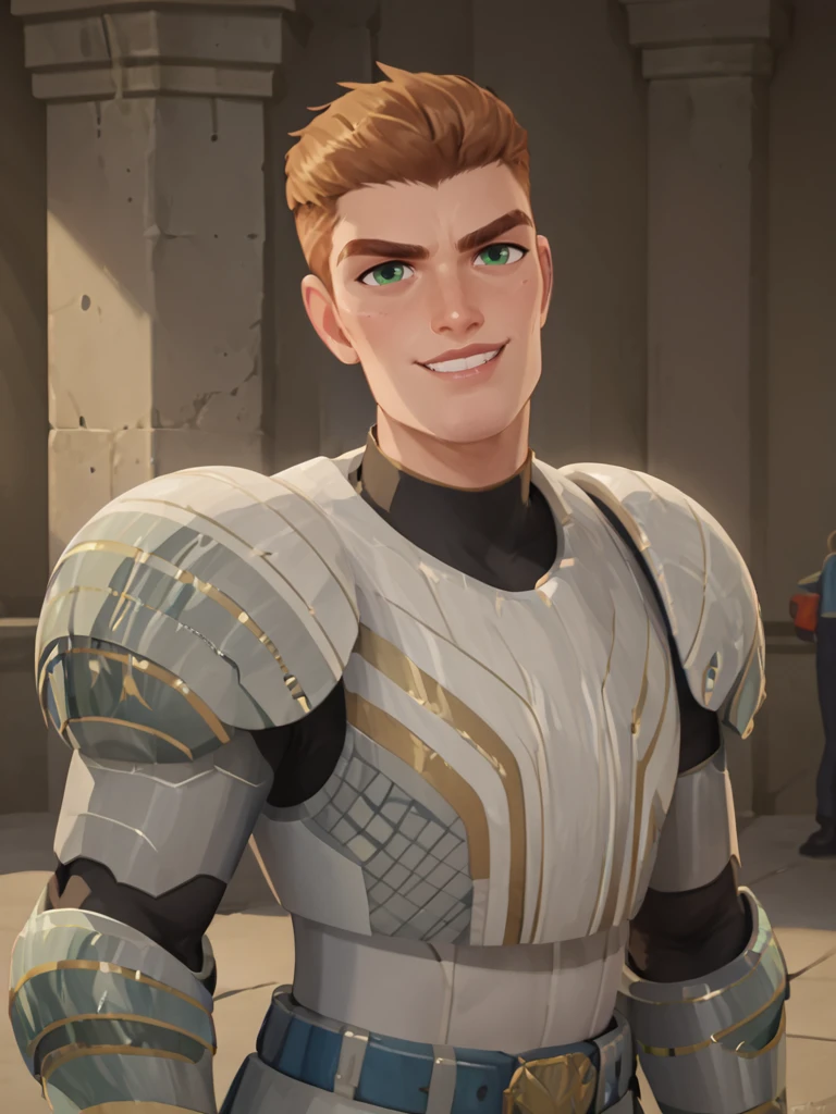 portrait of thod_sb man,  <lora:Thoddeus_Sureblade_Nimona:.8> light brown hair, short hair, green eyes, armor, smirking, confident, cocky, manly, score_9, score_8_up, score_7_up, <lora:Smooth Anime 2 Style SDXL_LoRA_Pony Diffusion V6 XL:.3>   <lora:add-detail-xl:.8>  zPDXL3,