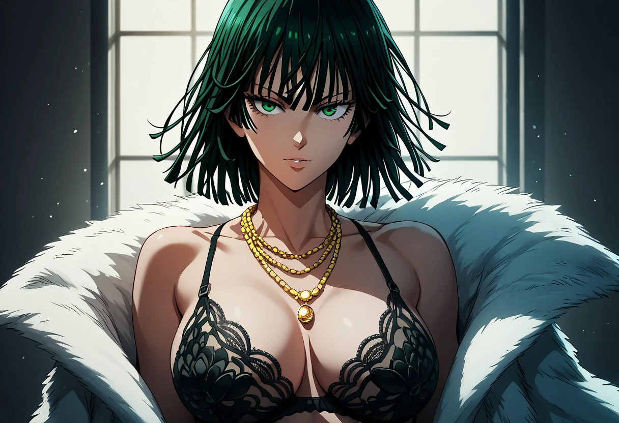 score_9, score_8_up, score_8, score_7_up, score_7, score_6_up, score_6, score_5_up, Score_5, rating_questionable, sexy girl, 1girl, fubuki ,beautiful face, intricate details, big breast, gold necklace, black lingerie ,  white fur coat ,beautiful face , intricate details, fubuki ,sexy pose, intricate details , one punch man , close up