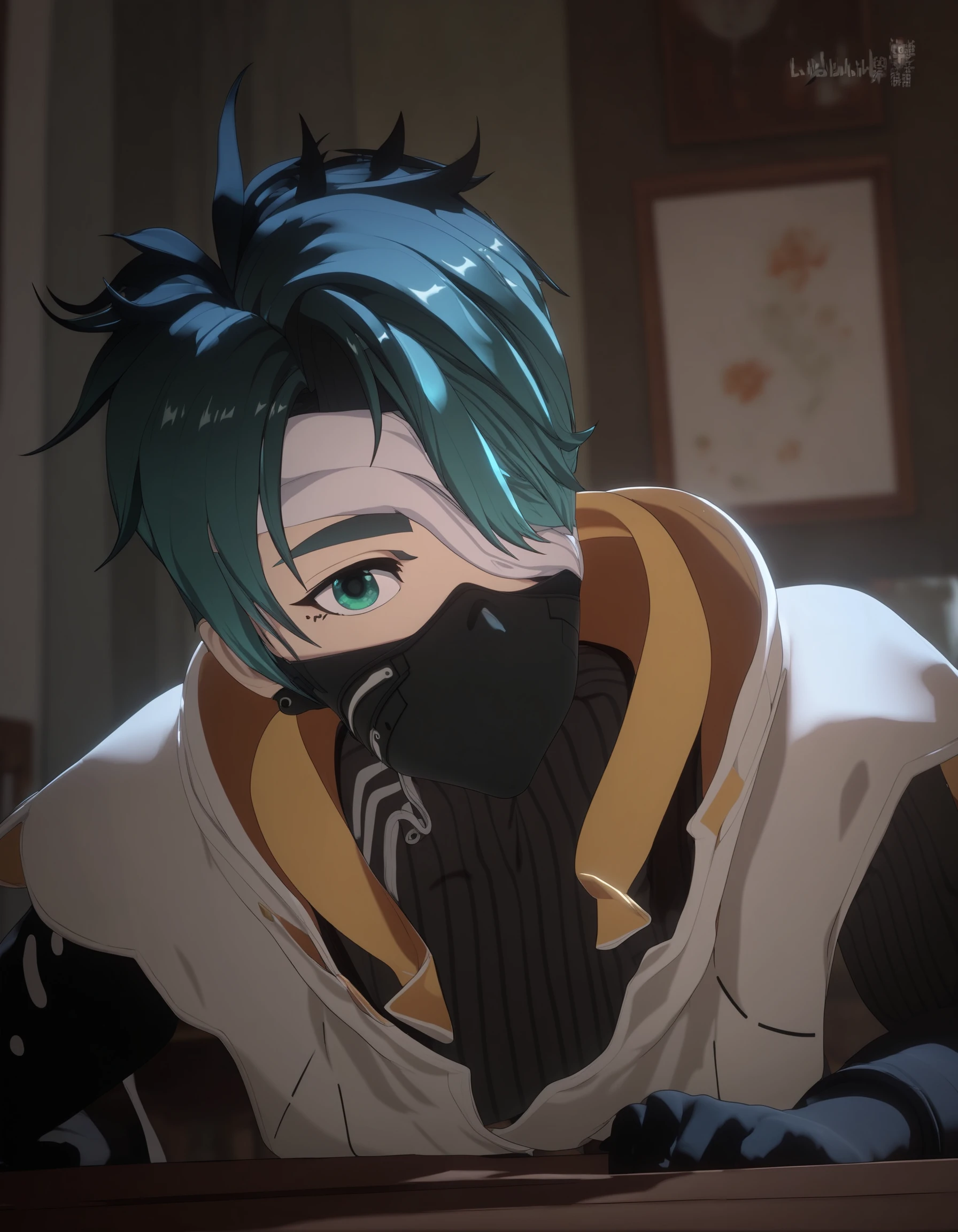 score_9,score_8_up,score_7_up,source_anime,<lora:ykzg_pony:1>,1boy,male focus,mask,blue hair,hair over one eye,gloves,sweater,mouth mask,long sleeves,indoors,short hair,upper body,looking at viewer,