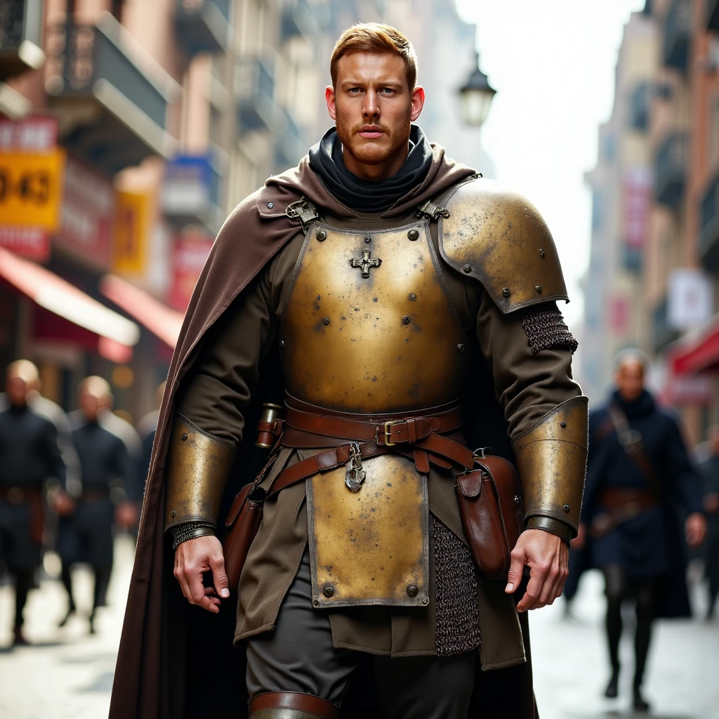 Imagine an image in the style of cinematic photorealism: A towering, broad-shouldered man strides confidently down the busy morning streets, his vibrant red hair gleaming in the sunlight. He wears a perfectly fitting Ankh-Morpork City Watch uniform, with a breastplate so polished it reflects the surroundings like a mirror. His size and imposing presence stand out, yet his face carries a warm, earnest expression as he greets passersby. His large hands rest easily at his sides, though his powerful frame exudes readiness. The reflection of the morning sun off his armor catches the eye of everyone around him, making him a striking figure on his patrol.