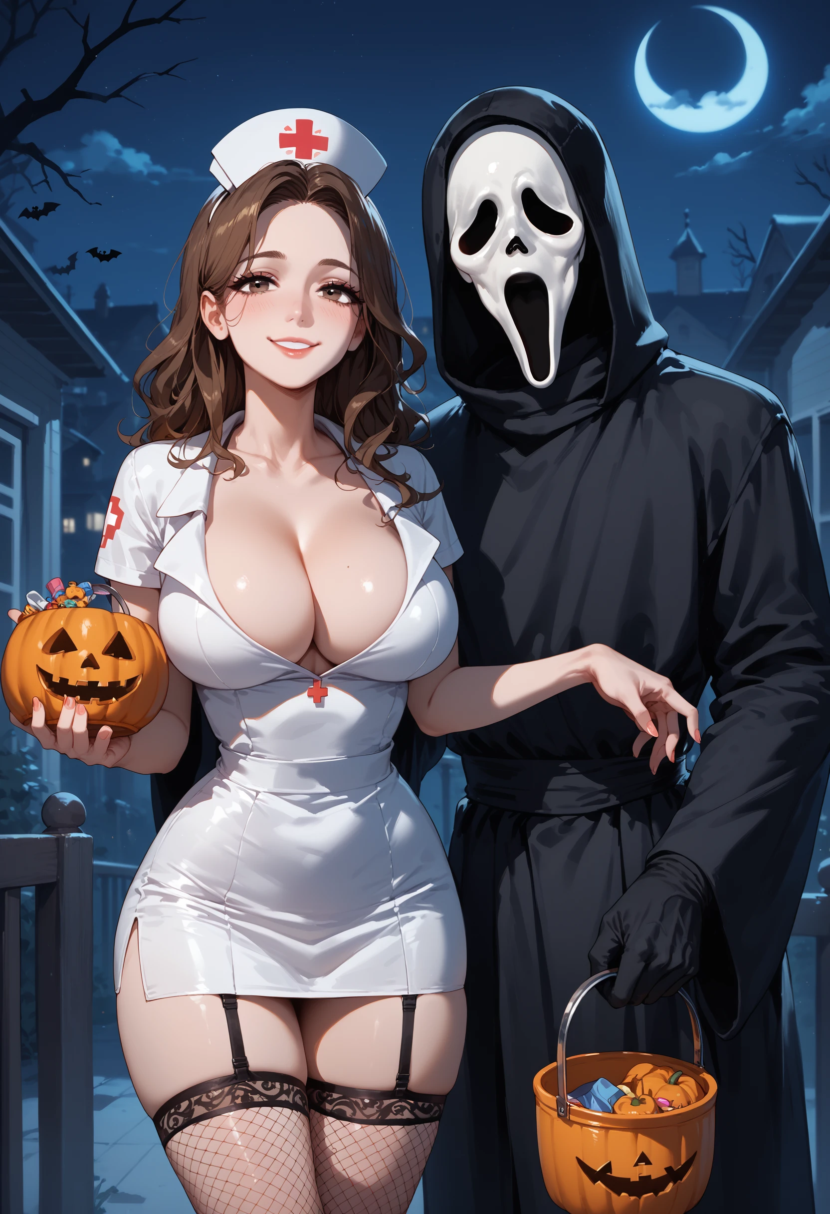 score_9, score_8_up, score_7_up, score_6_up, 1girl, brown hair, nurse, microdress, cleavage, fishnet thighhighs, large breasts, narrow waist, revealing clothes, 
1boy, ghostface, holding,
halloween bucket, seductive smile, night, couple,
<lora:ghostface_v0.2-pony:1.0>