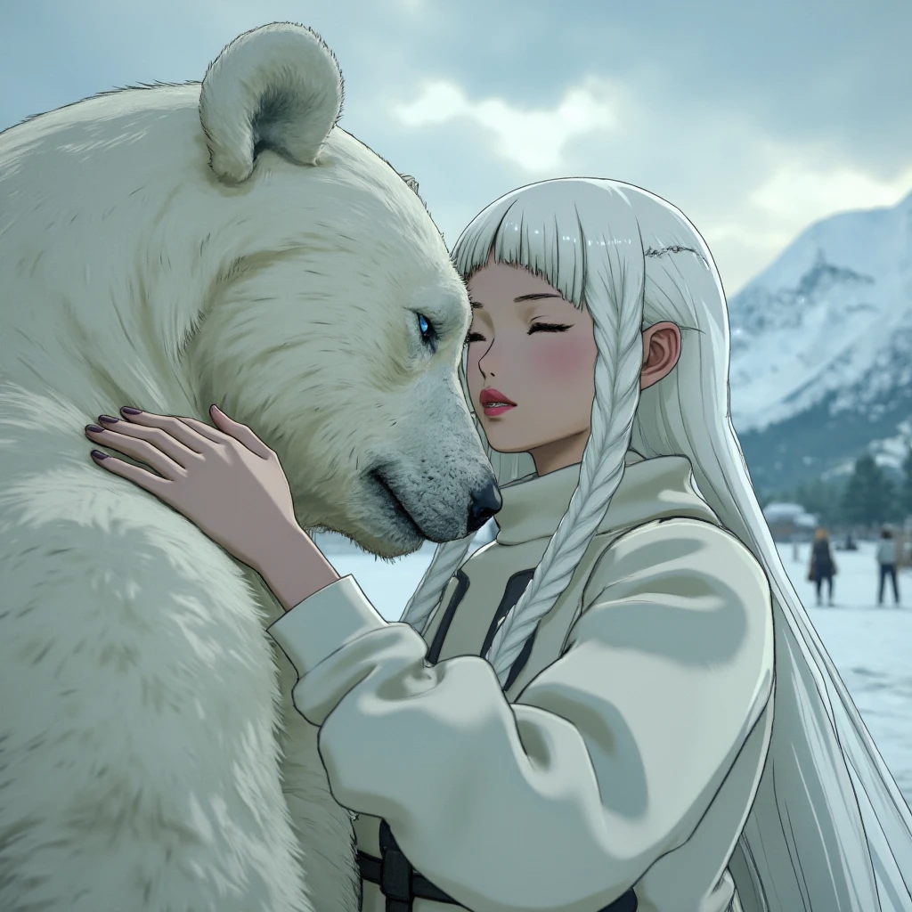 mrstyle closeup of a young woman with white long hair hugging her huge fluffy white ice bear, closed eyes, contrast between love and distance,