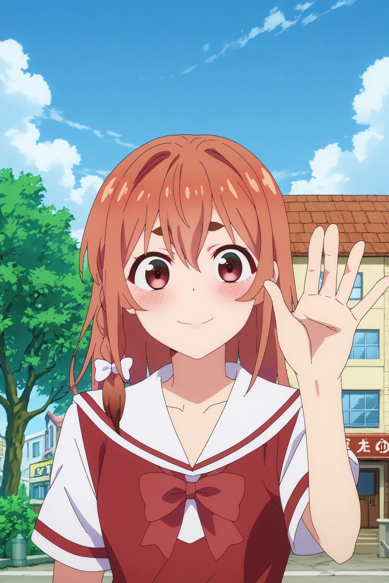 sumi sakurasawa,1girl,solo,smile,braid,blush,shirt,bow,hair bow,thick eyebrows,bangs,red hair,school uniform,sailor collar,side braid,hair between eyes,red bow,looking at viewer,perfect eyes, skirt lift, lifted by self,panties,legs
BREAK
outdoors,city,building,three,blue sky,cloudy sky,summer,sunshine


<lora:Sumi_Sakurasawa_-_Rent-A-Girlfriend.safetensors:0.8>
<lora:detailed_backgrounds_v2.safetensors:0.7>
