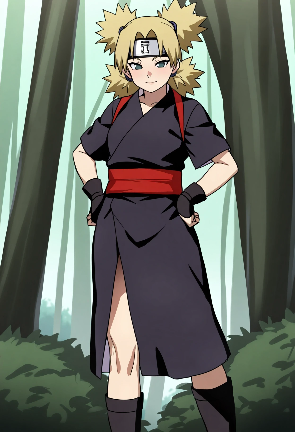 best quality, amazing quality, very aesthetic, absurdres,
1girl, temari, blonde hair,quad tails, dark green eyes,
forehead protector, black kimono, red sash, short sleeves, toeless boots,
hands on hips, standing, solo, smile, looking at viewer, trees, forest background,   <lora:TemariShippudenIllustriousXL_byKonan:1>