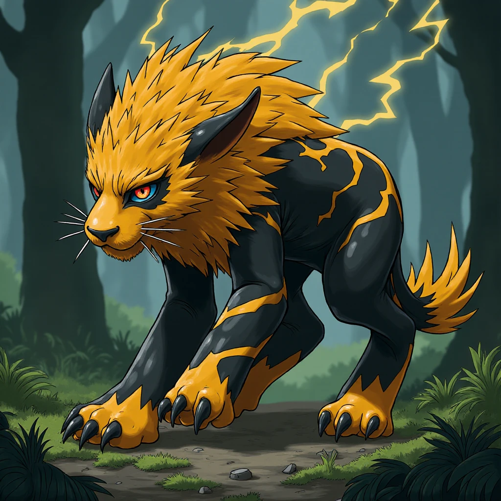 a fluxfakemon that is an anthropomorphic tiger with golden eyes and sharp claws. Electricity crackles off of its fur as it stalks a forest made of metal trees.  <lora:Flux_Fake_Pokemon:1>