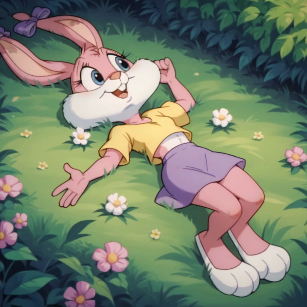 score_9, score_8_up, score_7_up, score_6_up, source_furry, babstta, anthro, female, rabbit, pink fur, blue eyes,  lush valley, lying, on back, in a stream , yellow crop top, purple skirt, <lora:8ddf2085-5172-442b-8826-456a97d242a4:0.7>