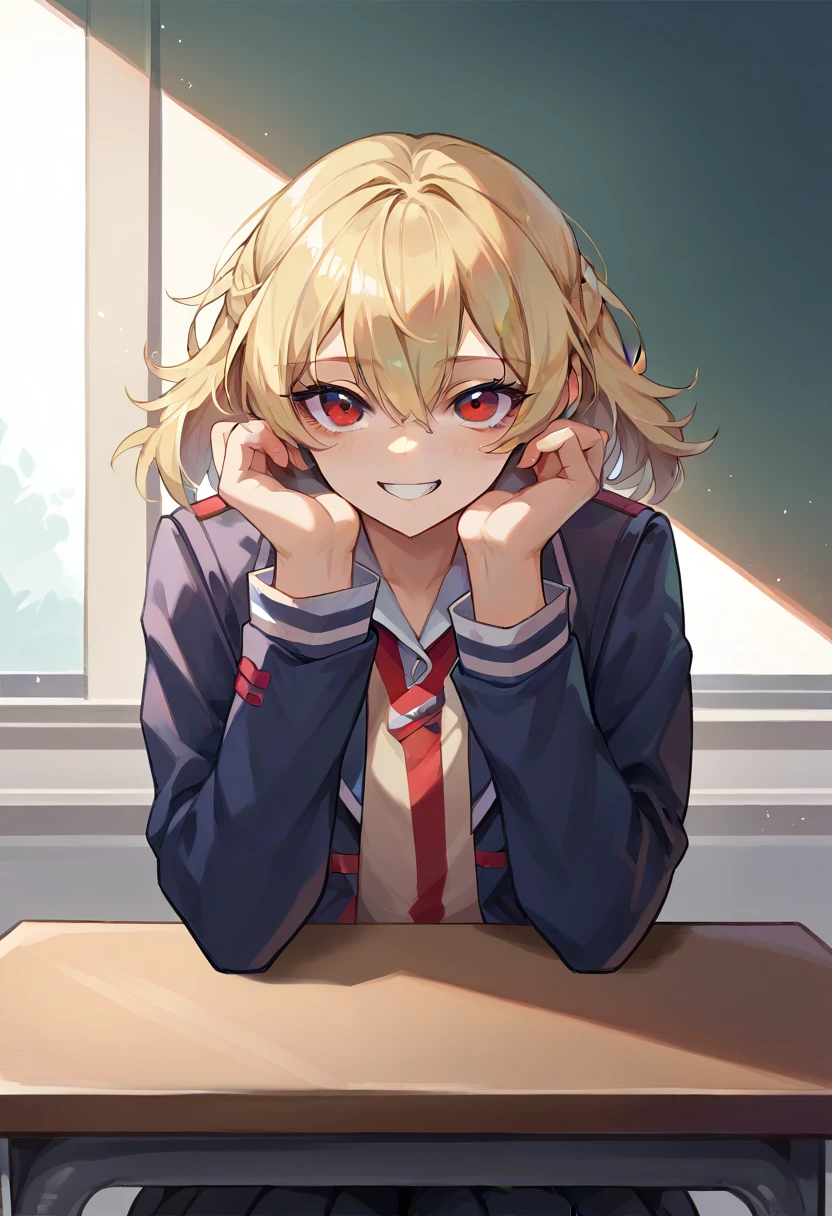 score_9, score_8_up, score_7_up, source_anime, BREAK, red eyes, blonde hair, schoolgirl uniform, sitting on desk, looking at viewer, smile