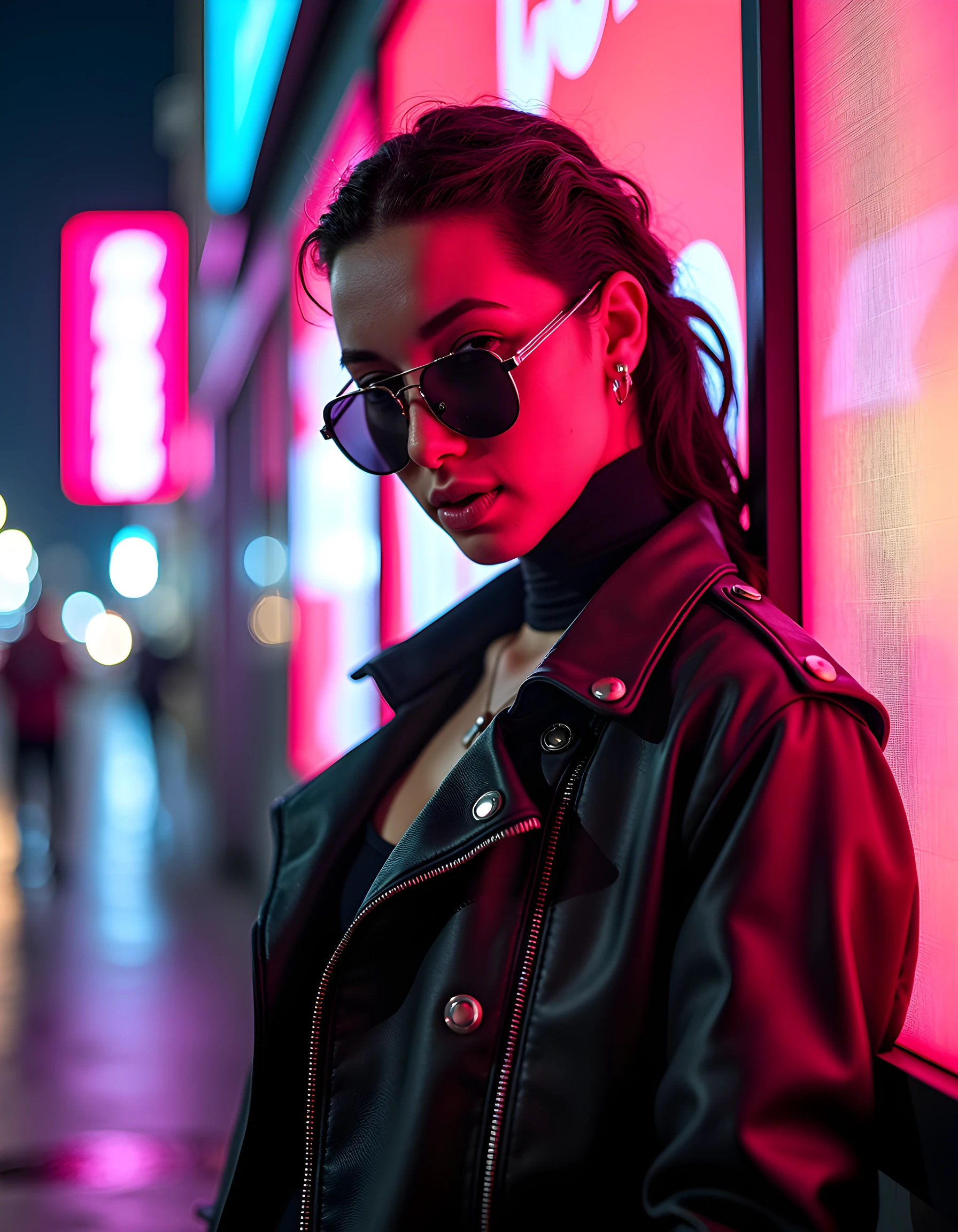 In a gritty, neo-noir setting of rain-drenched Los Angeles streets at midnight, a striking, androgynous figure known as K4R1MA stands against the backdrop of a neon-lit billboard, their unique outfit consisting of a sleek leather trench coat with intricate silver cybernetic enhancements, a form-fitting cat suit beneath, and mirrored shades that reflect the pulsating lights of the city. The camera angle is low and slightly off-center, capturing K4R1MA's profile as they lean against the billboard, their expression a blend of steely determination and quiet introspection, with raindrops cascading down their face and illuminated by the occasional flash from passing vehicles, creating an ethereal glow that adds to the mysterious allure of this enigmatic figure.