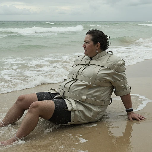 a 50 year old fat woman wears a Maxcita Transport Jacket, the jacket tightly restrains her, she lays on a beach, water touches her body and the straitjacket making it wet