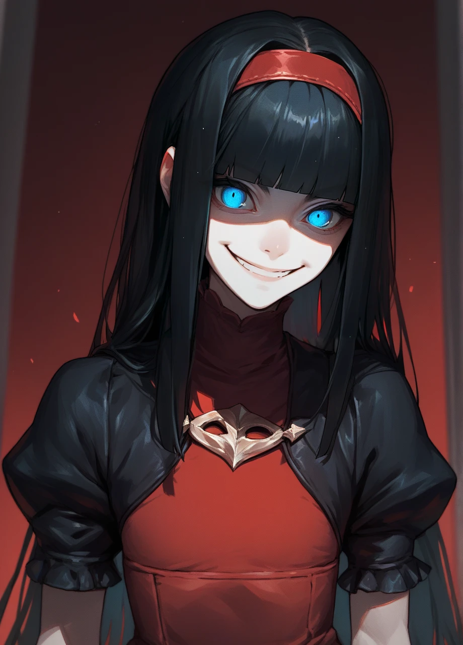 1girl, solo, black hair, long hair, blunt bangs, blue eyes, upper body, evil smile, shaded eyes, niern2, hairband, short puffy sleeves, red dress  <lora:Nier_RedGirl-PONY:0.8>, score_9, score_8_up, score_7_up, score_6_up,