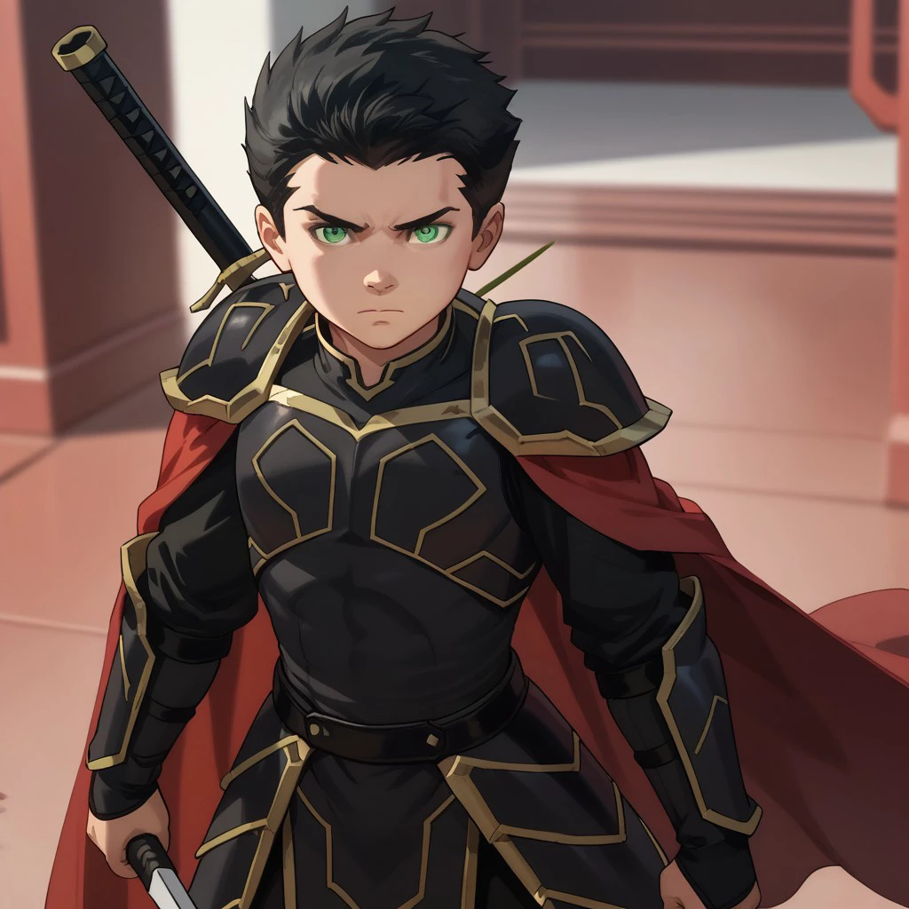 score_9, score_8, score_7, break, solo, Damian_w, 1boy, black hair, short hair, green eyes, armor, cape, looking at viewer, holding, weapon