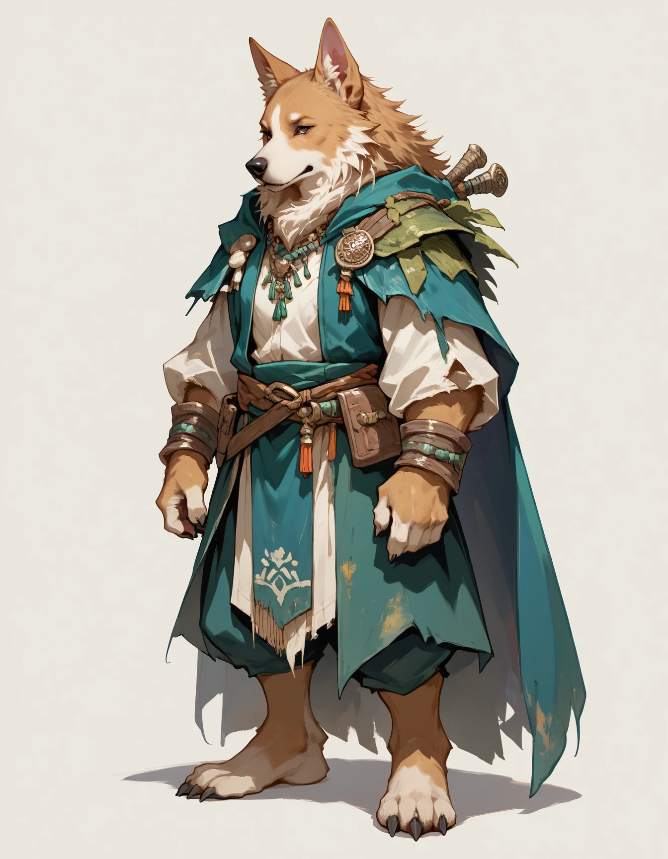 score_9, score_8_up, score_7_up, dog , wearing tattered  Ocean Druid attire, body fur, Cyan fur, simple background  <lora:Fantasy_Furry_Character_Design_Pony:1>