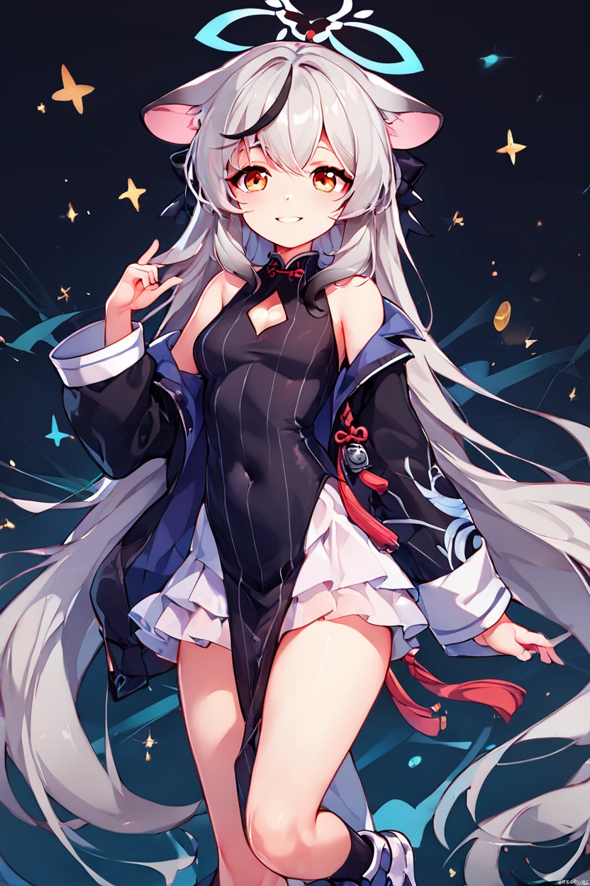 score_9, score_8_up, score_8, medium breasts, (curvy), cute, eyelashes, BREAK, , ,,, zzKokona, grey hair, long hair, multicolored hair, animal ears, streaked hair, black hair, halo, very long hair, tiger ears, orange eyes, black dress, black jacket, black socks, long sleeves, pelvic curtain, sneakers, vertical-striped clothes, diamond cutout, off shoulder, white skirt , ,<lora:Kokona_BlueArchive_PDXL_v3:0.8>, ,,,, BREAK, smile, looking at viewer, ,,, abstract background, white outline, cowboy shot, ,,, embedding:zPDXL, Expressiveh, ,,, <lora:CatalystStylePDXL:0.6>, <lora:SDXLFaeTastic2400:0.5>, <lora:Expressive_H-000001:0.4>,