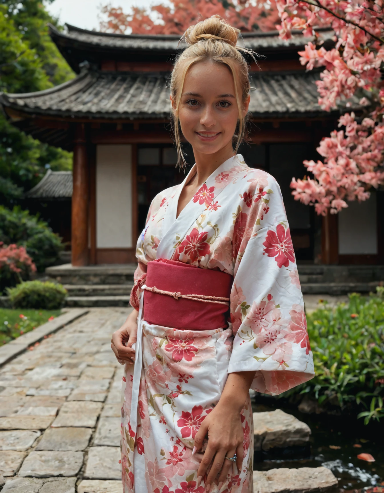 score_9, score_8_up, score_7_up, photo, photorealistic, 1girl, solo, standing, facing viewer, <lora:Giada Salvi - PonyV2:1> giady16, hair in single bun, blonde hair, brown eyes, parted lips, smile, pink floral kimono, japanese temple