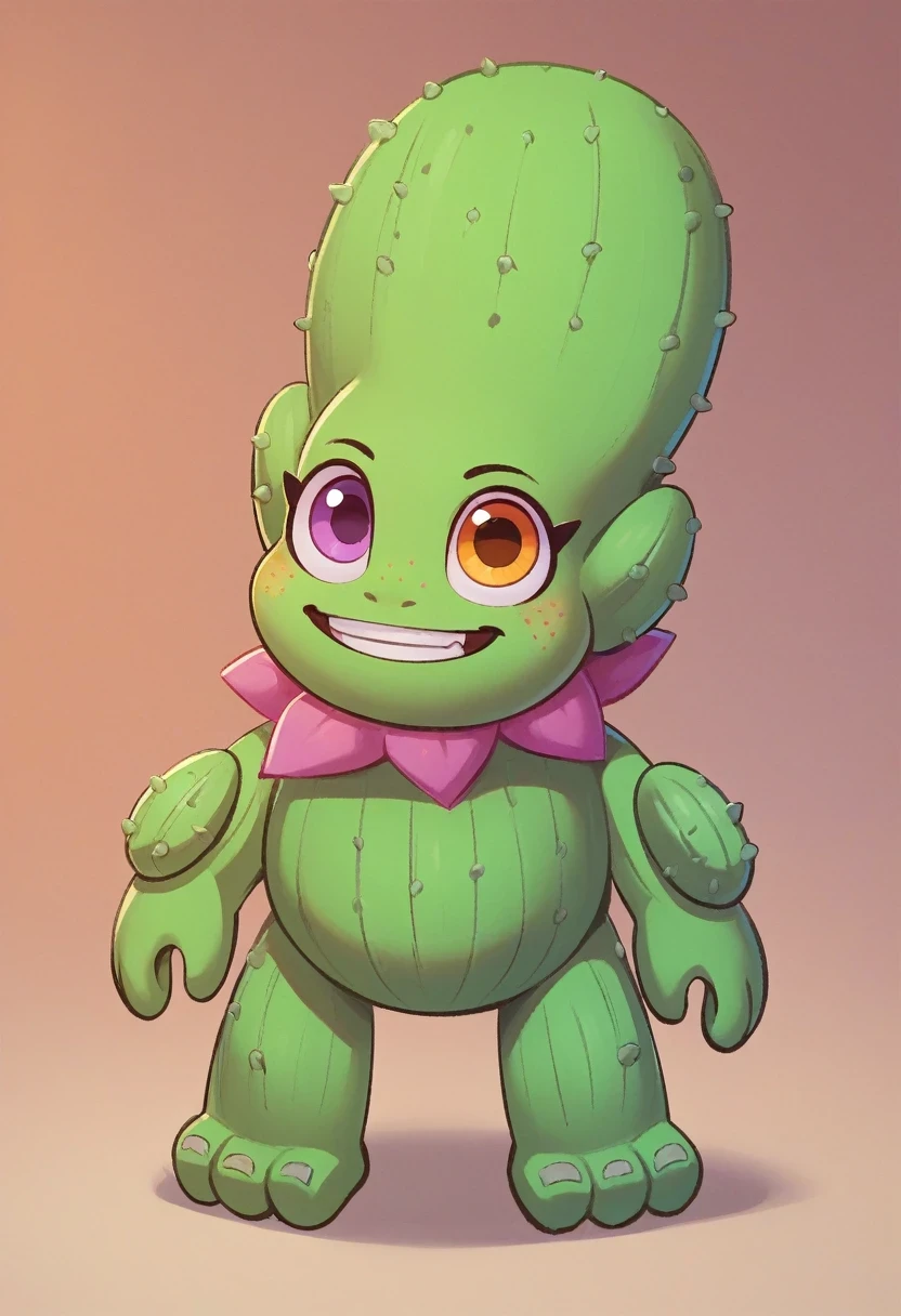 Barrb_MSM, solo, standing, full body, teeth, no humans, green skin, digimon (creature), cactus, heterochromia, yellow-orange eyes, purple eyes, freckles