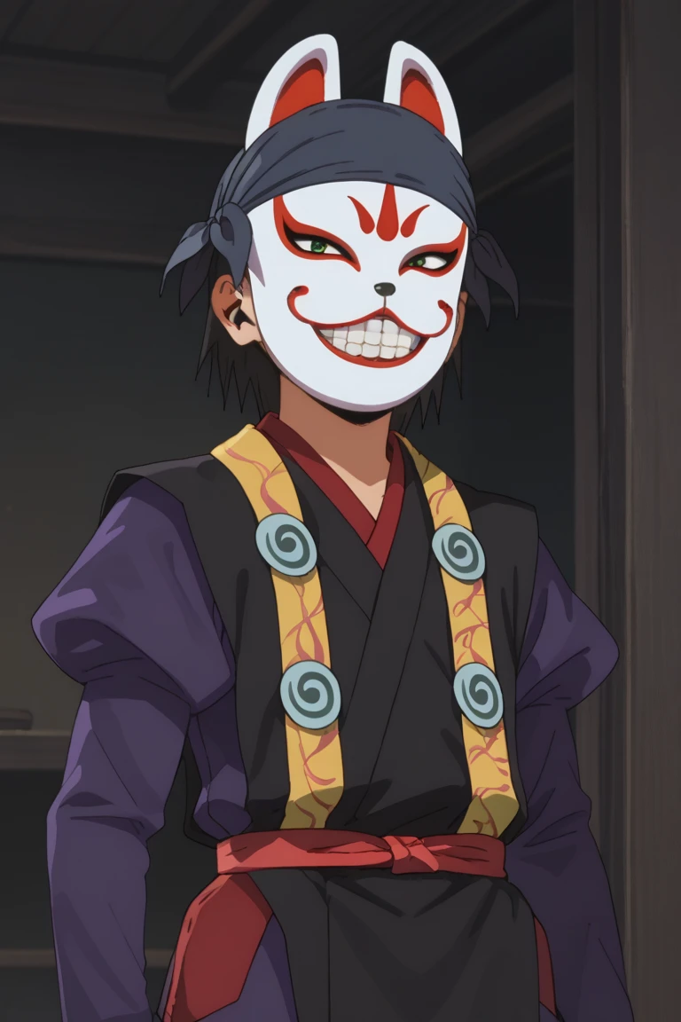 score_9, score_8_up, score_7_up, score_6_up, kazama genba, black hair, fox mask, japanese clothes, ninja, sash, purple pants, juliet sleeves, purple shirt, bandana, official style, 1boy, male focus, mask, solo, smile, grin, teeth, long sleeves, black eyes, parody