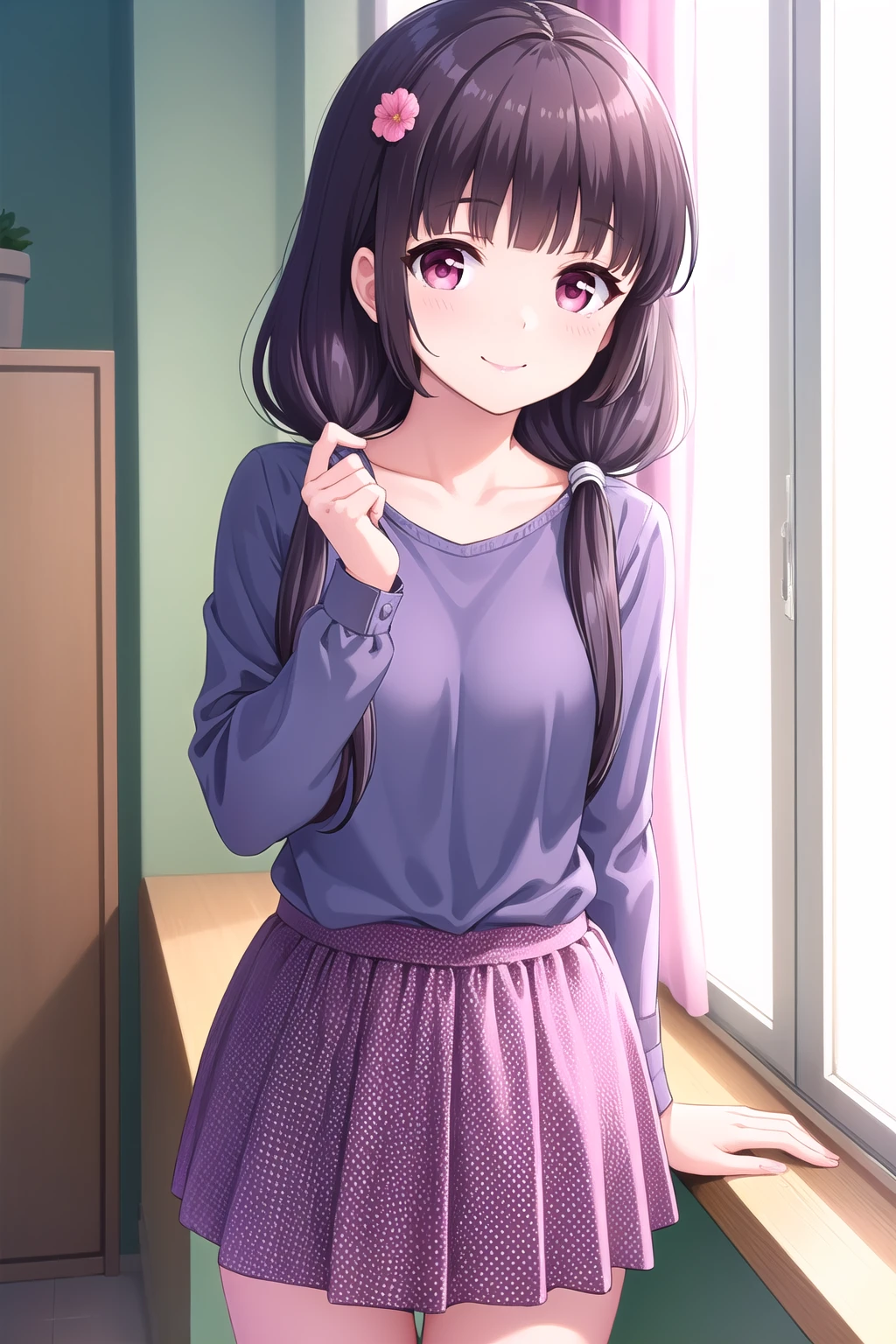 (masterpiece, best quality), highly detailed background, perfect lightingbest quality, morizonomei, solo, indoors, bedroom, dark purple hair, flower hair ornament, blunt bangs, low twintails, hair over shoulder, long hair, pink eyes, small breasts, blue shirt, polka dot shirt, long sleeves, pink skirt, polka dot skirt, smile, closed mouth, :), pink lips, <lora:Morizono-Mei:0.7>