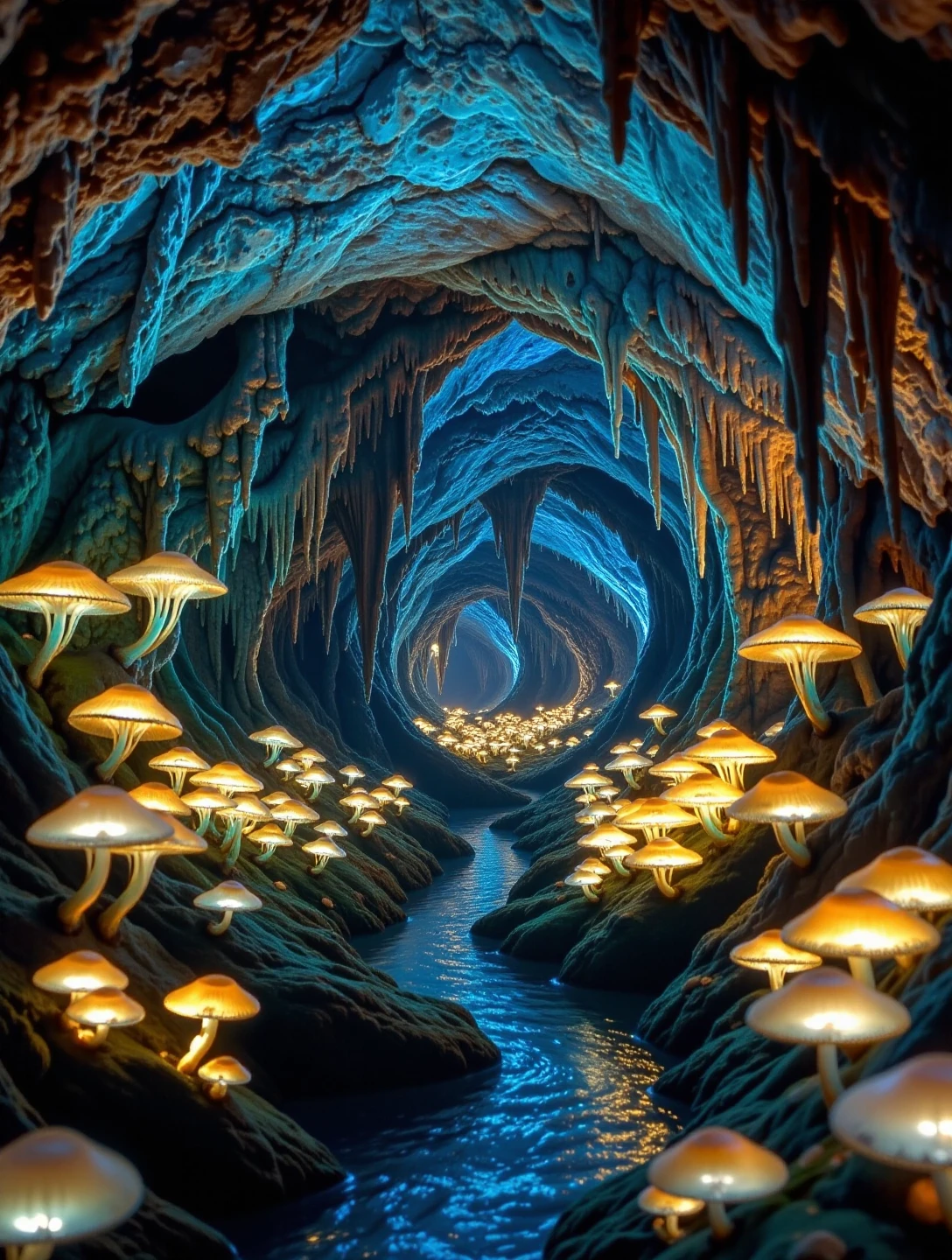 Underground cavern filled with bioluminescent fungi, glowing softly in hues of blue and green. Stalagmites and stalactites reflect the light, creating an otherworldly glow. A faint stream winds through the cave, casting gentle ripples of light on the cavern walls.