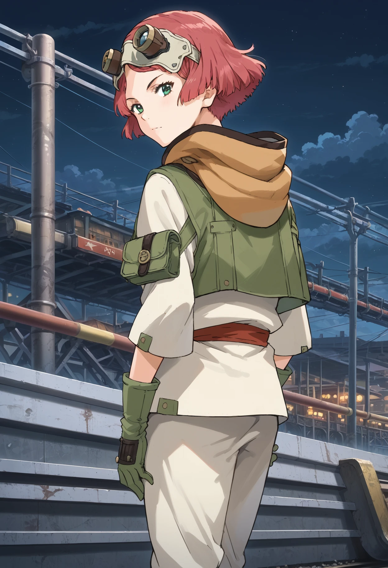 score_9, score_8_up, score_7_up, , source_anime,yukinakabaneri, 1girl, solo, green eyes, short hair, goggles on head, red hair, hand on hip, hood down, green gloves,  green vest, standing, closed mouth, long sleeves, red belt<lora:yukinakabaneri_pony4:1> cowboy shot,  standing, railroad tracks,  looking at viewer,  hand up,  looking back, from behind, night, karate gi,