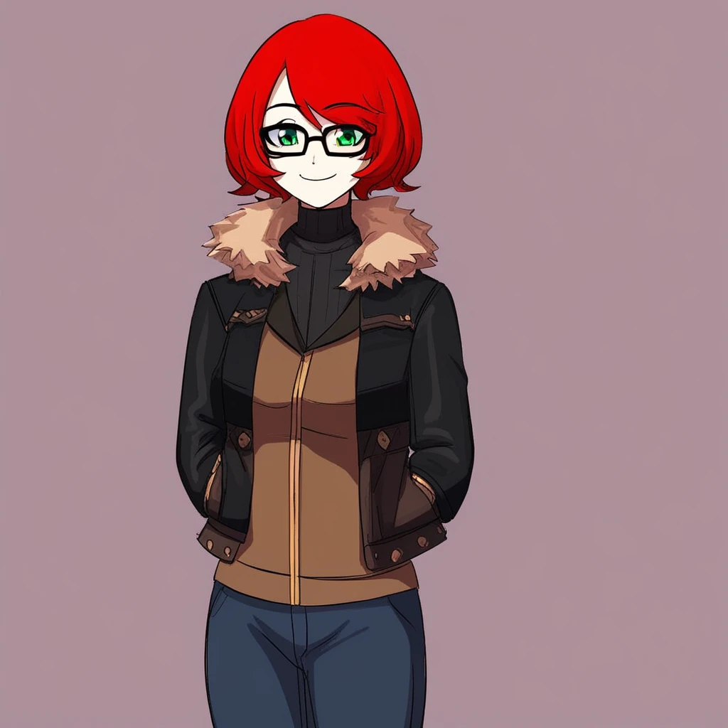 1girl, solo, short hair, red hair, green eyes, glasses, jacket, pants, smile