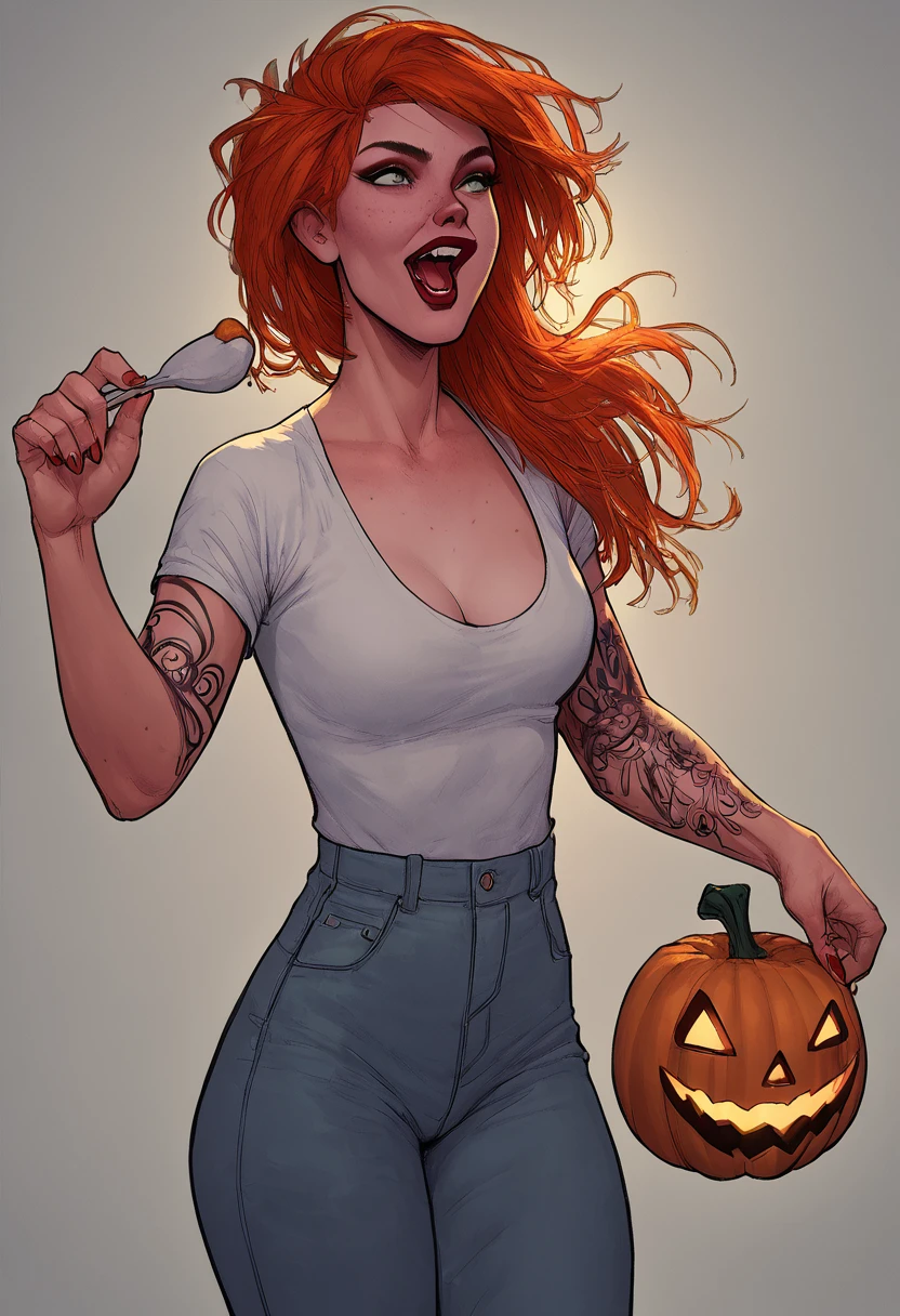 illustration of two beautiful curvy women standing in a pumpkin field. The person is viewed from the front, , wearing Loose overallswith thin lace enormous bra fuller chested 75h under. They have tattoos on their arms and back, featuring various designs like scary things and text. Their red hair curly