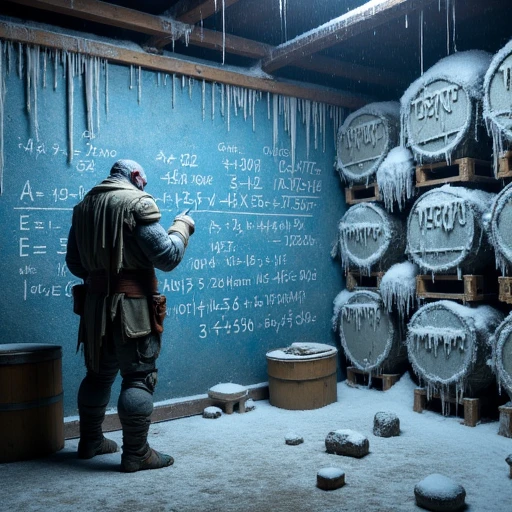 an image of Sergeant Detritus writing complex mathematical equations on the wall of a deep freeze storage warehouse full of frost and icicles