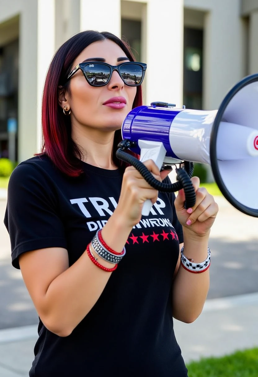 LL woman a woman wearing a black t-shirt with the words"trump did nothing wrong", sunglasses, and a watch, holding a megaphone in front of a building.