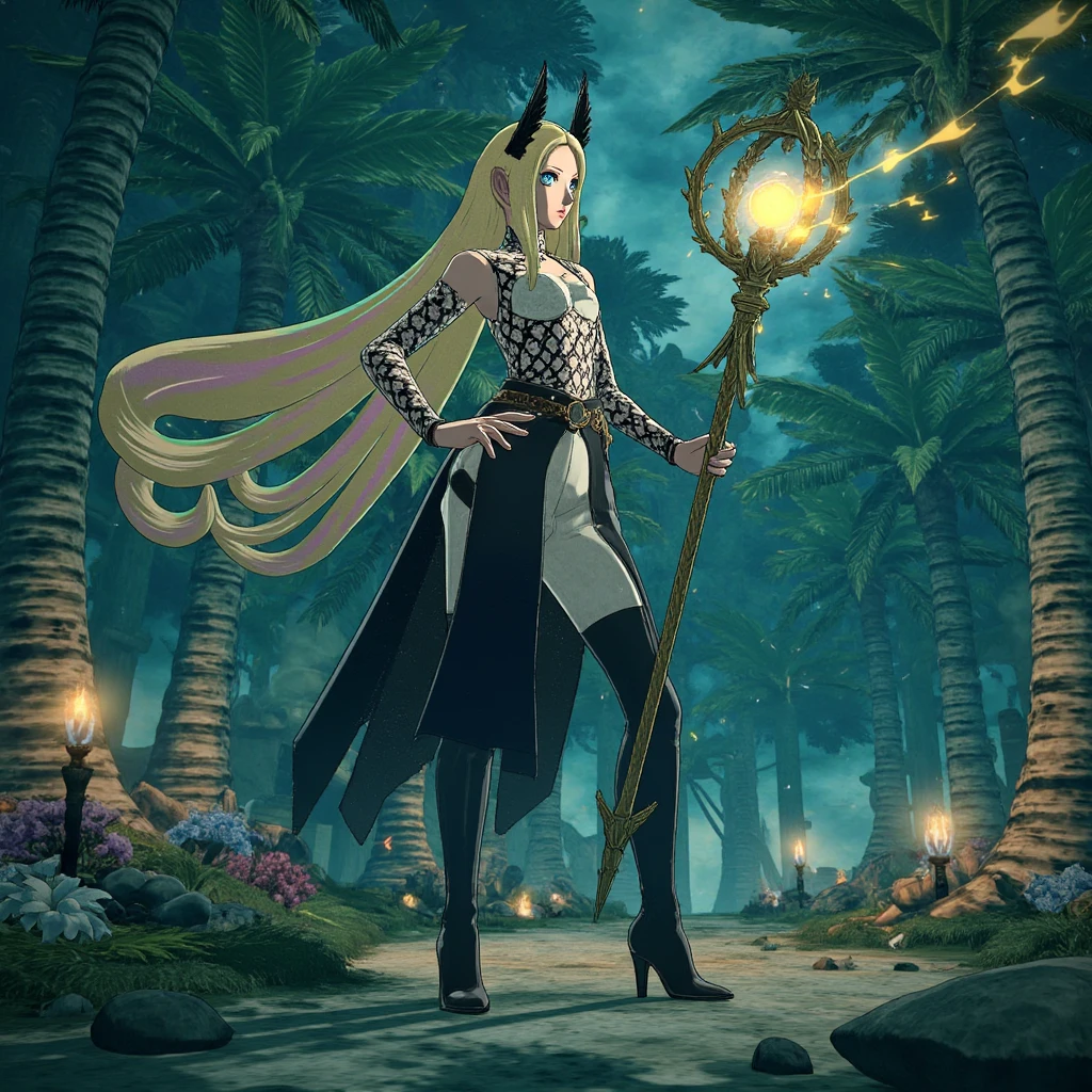 mrstyle A mystical woman stands at the edge of a glowing forest, her long hair swirling around her as if caught by an ethereal breeze. She is surrounded by luminescent flowers and strange floating orbs, her eyes glowing with inner power. She holds a staff that crackles with energy, while the distant trees pulse with light, creating an enchanting ambiance