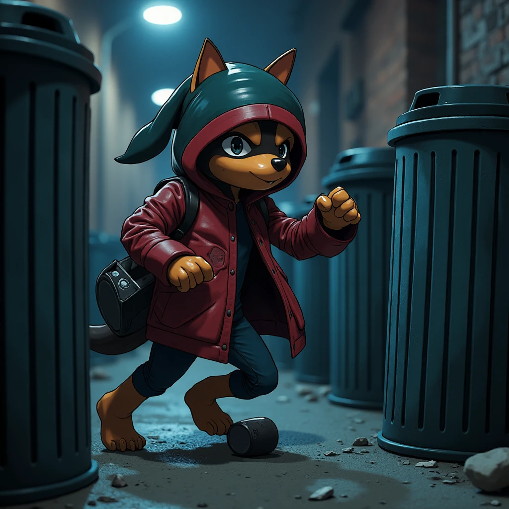 A bipedal raccoon-like fluxfakemon dressed like a thief, sneaking in between garbage cans in a dark alley at night <lora:Flux_Fake_Pokemon:0.8>