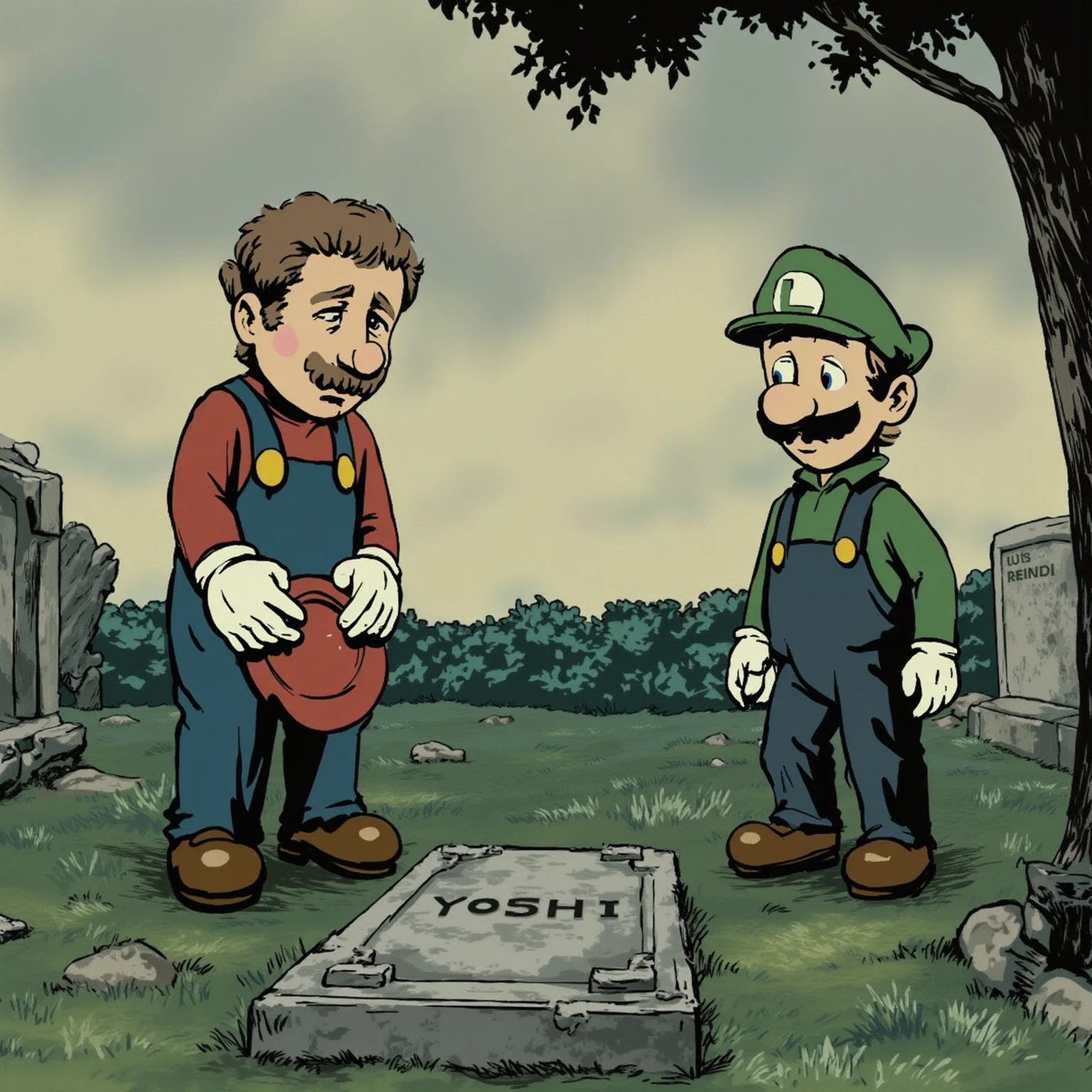 <lora:waltz-with-bashir:1> _Waltz_with_Bashir_ Mario and Luigi are standing somberly in a quiet cemetery, both looking down at a gravestone that reads YOSHI. Mario is not wearing his hat, instead holding it in his hands, while Luigi stands beside him with a sad expression. Both are dressed in their usual attire. The surrounding tombstones and a distant, cloudy sky contribute to the mournful atmosphere.