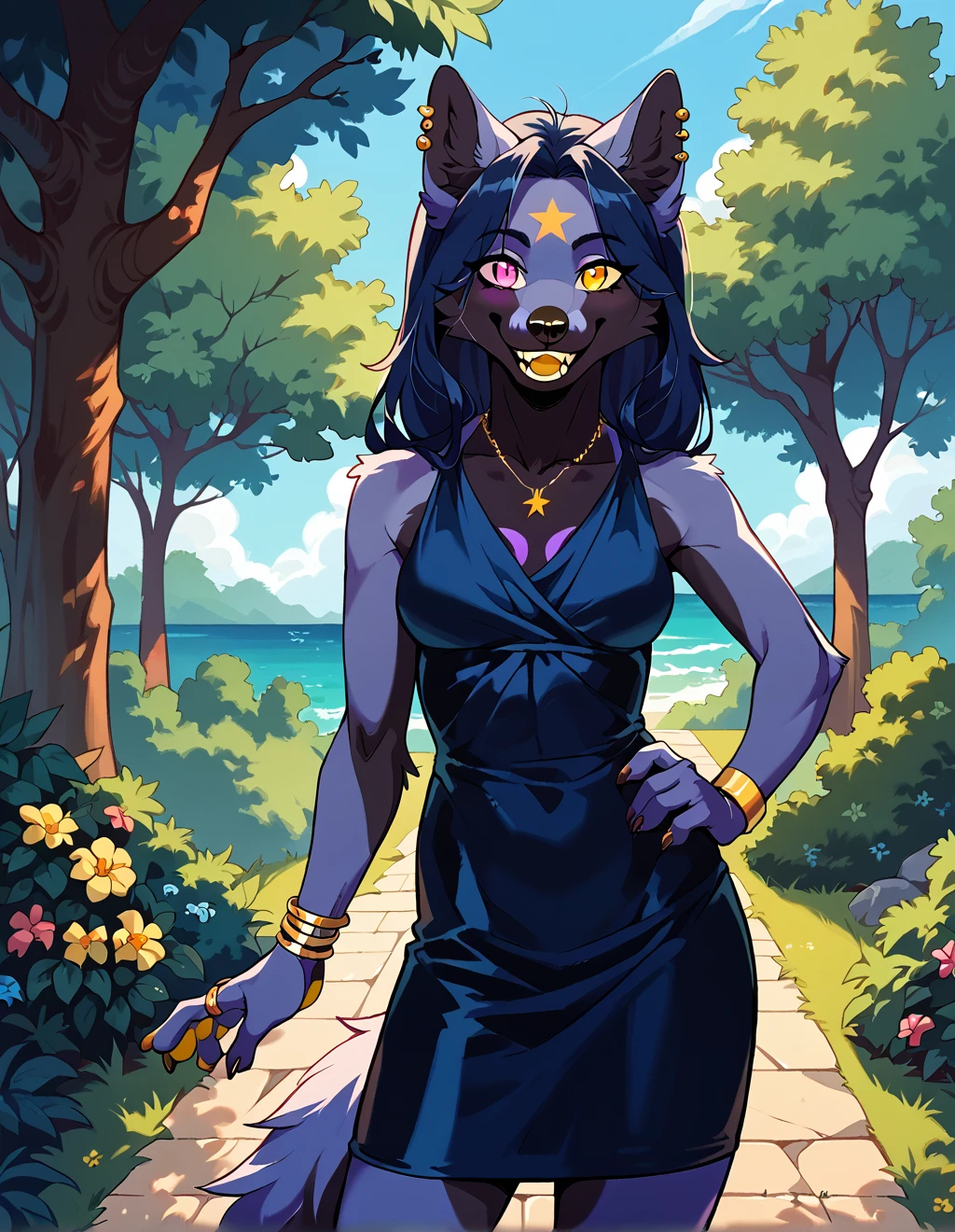 score_9, score_8_up, score_7_up, <lora:OrbitFox:1> orbitfox, fox, female, skinny, solo, anthro, heterochromia, furry, dark indigo dress, bracelets, hand on hip, smiling, yellow mouth, daytime, outdoors