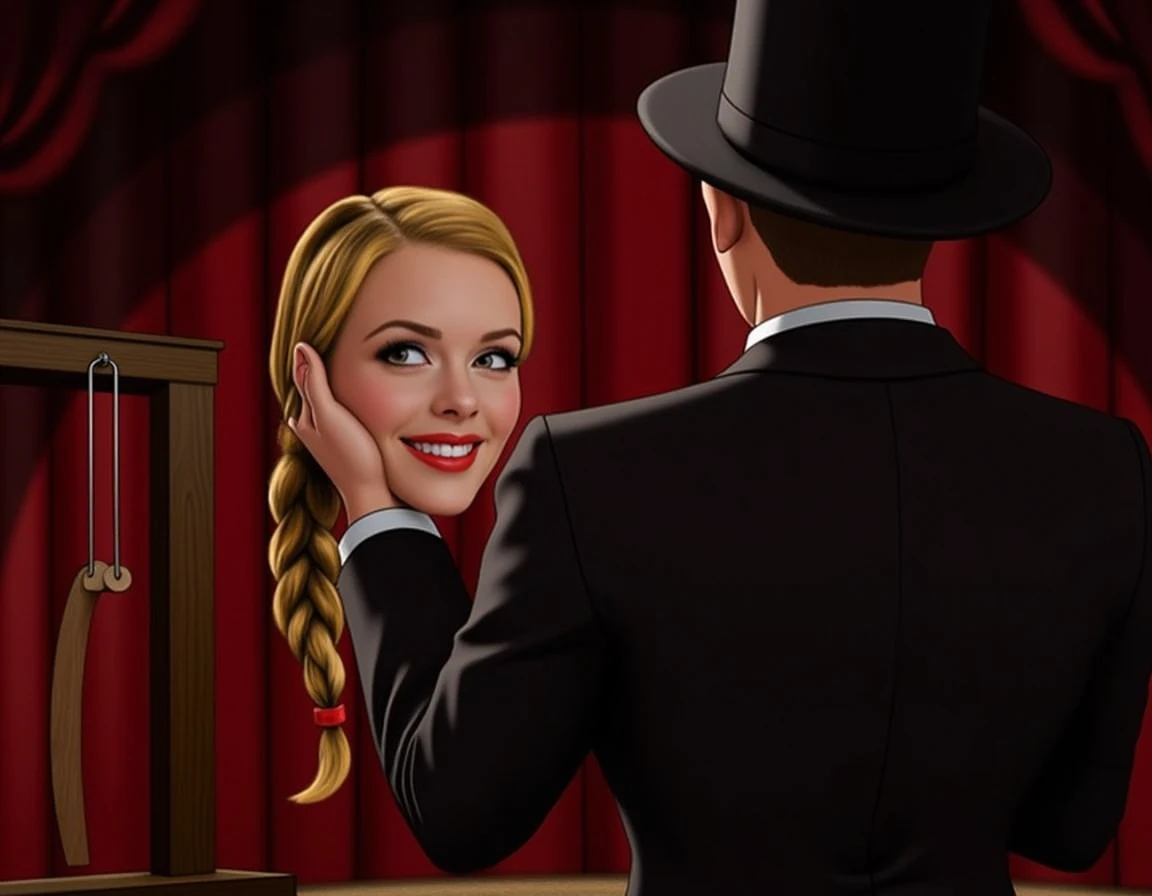 <lora:headonly-flux:1> (h3adonly:1), This is a far shot realistic ilustration of a magician in a tuxedo and top hat holding up a beautiful young woman's disembodied head on a stage at a magic show, showing her to the audience. She is smiling and looking at the audience. she has long blonde hair in a single braid that cascades down and red lipstick. There is a guillotine in the background.