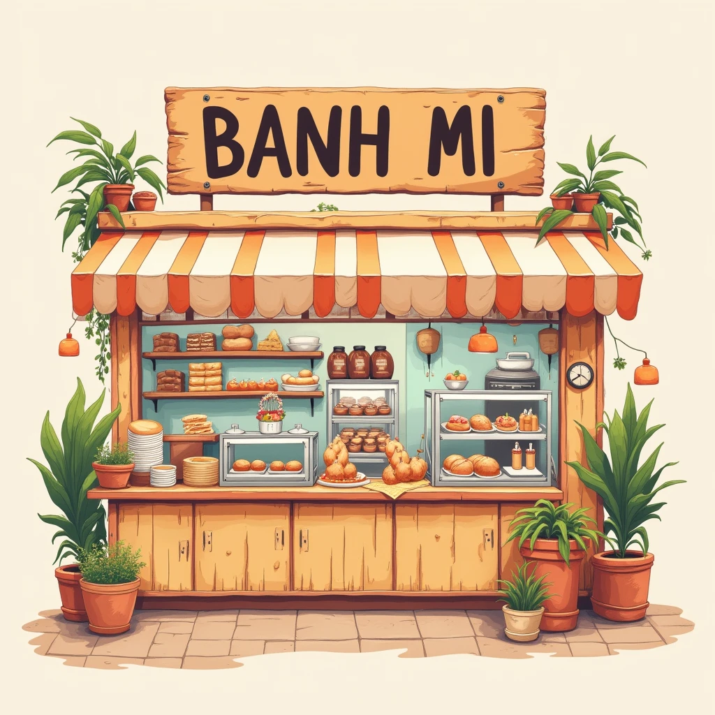 A whimsical illustration of a bakery scene named text 'BANH MI',