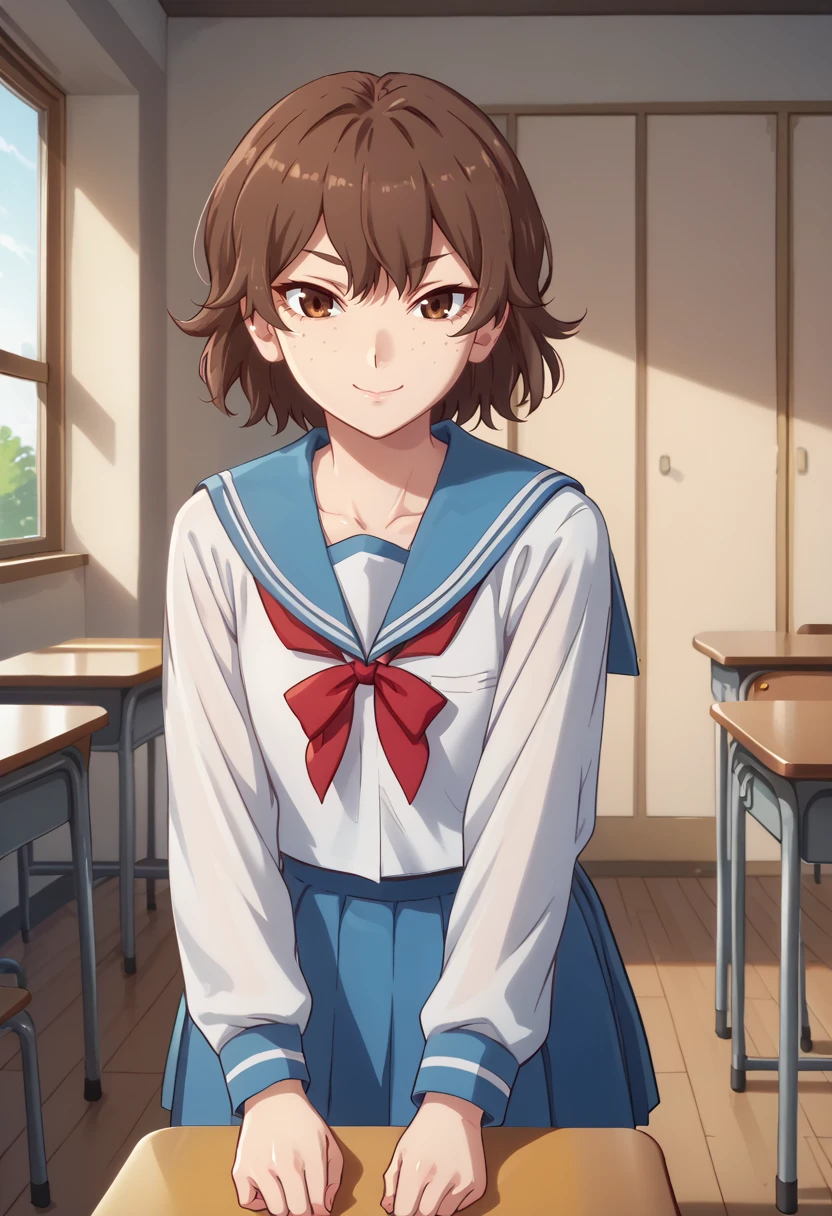 score_9, score_8_up,
1girl, <lora:MitonoShounou_OffSeason_PDXL:1>, mitonoshounou, brown hair, brown eyes, freckles,
school uniform, naoetsu high school uniform, 
slight smile,
indoors