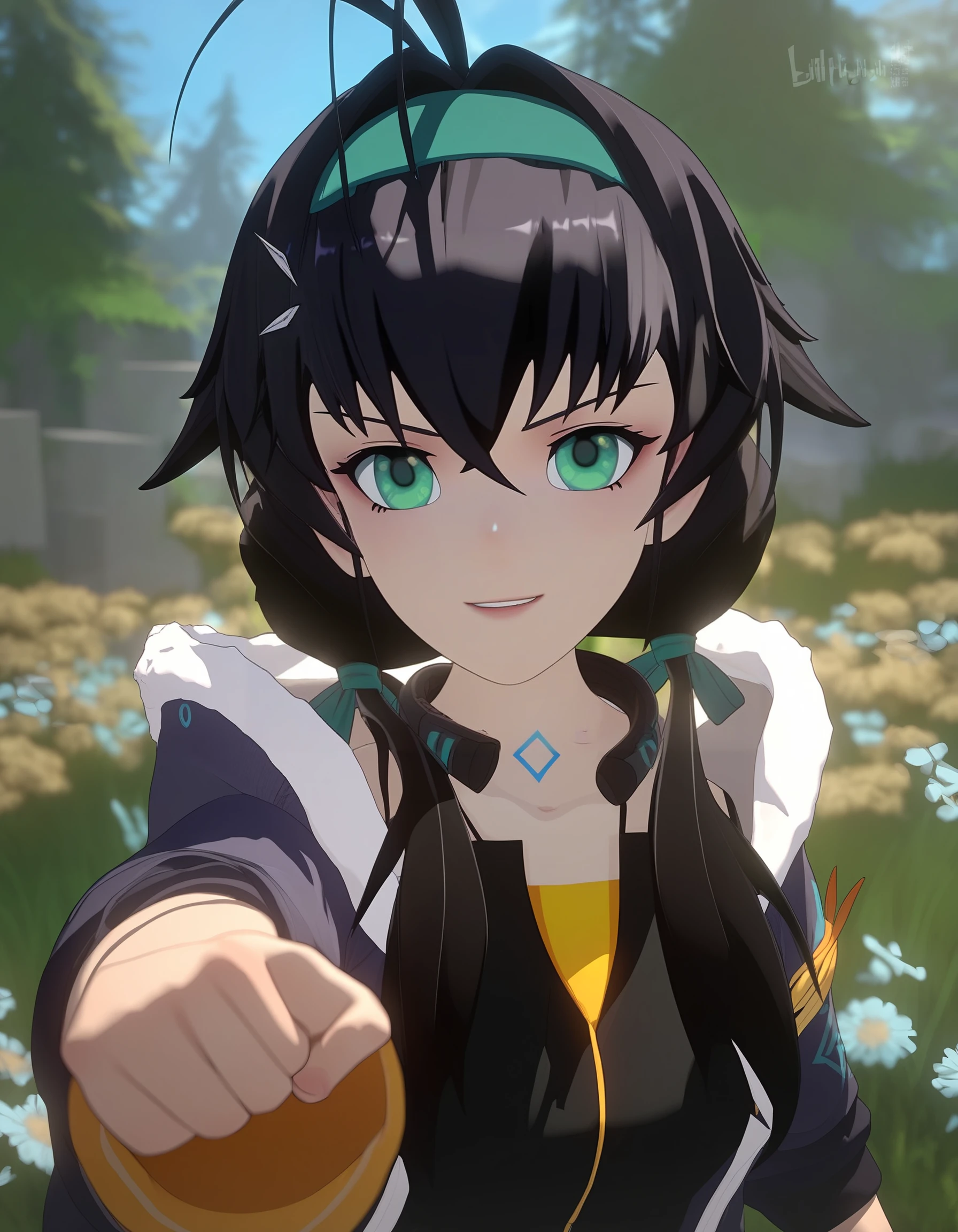 score_9,score_8_up,score_7_up,source_anime,selfie,smile,flowers,sunshine,punching,incoming attack,incoming punch,smile,raised_fist,
<lora:ykzg_pony:1>,1girl,solo,black hair,green eyes,hairband,twintails,hair ornament,long hair,low twintails,jacket,antenna hair,shirt,outdoors,day,grass,tree,front view,looking at viewer,shushing,