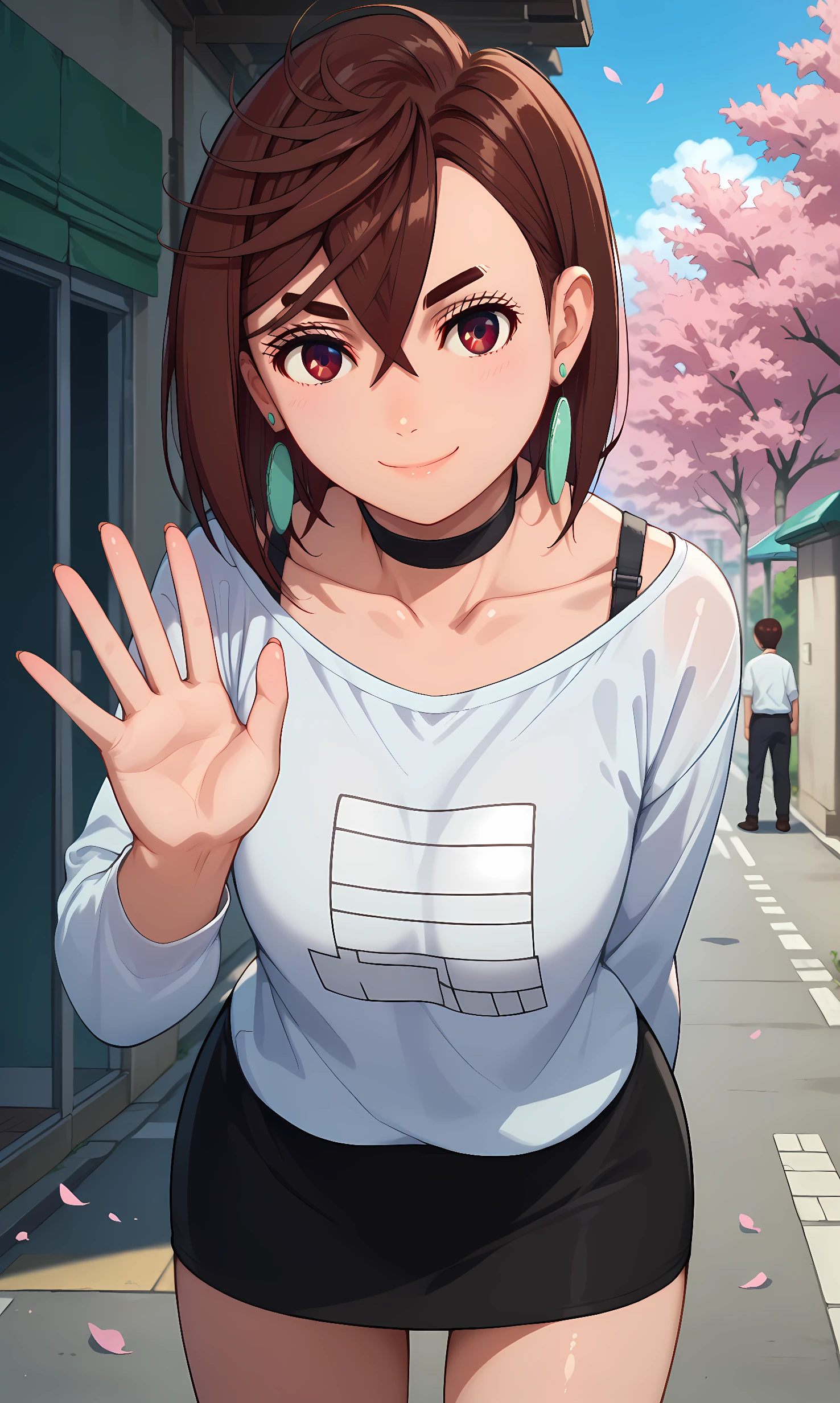 score_9, score_8_up, score_7_up, source_anime, 1girl, solo, outdoors, street, cherry blossoms, cowboy shot, standing, looking at viewer, shiny skin, ayase_momo, red eyes, brown hair, short hair, pendant earrings, choker, white shirt, collarbone, black bra strap, off shoulder, long sleeves, black skirt, contrapposto, waving, smile, closed mouth, leaning forward 