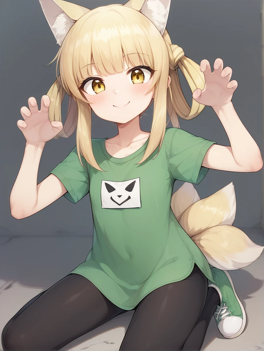 score_9, score_8_up, score_7_up, source_anime
1girl, solo, nina, blonde hair, short hair, animal ears, white ear fluff, hair rings, multiple tails, gold eyes, foxtail, hands, fingers, fingernails, triple tail
long green shirt, black leggings, shoes, claw pose, <lora:nina from beast tamer 0.1:0.8>