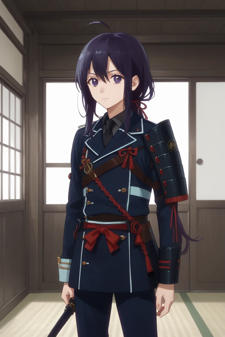 score_9, score_8_up, score_7_up, score_6_up, namazuo toushirou, purple hair, purple eyes, hanamaru style, male focus, 1boy, ahoge, weapon, military, military uniform, sword, uniform, solo, black hair, armor, ponytail, japanese armor, wakizashi, sliding doors, shoulder armor, sheath, sode, sheathed, long hair, necktie