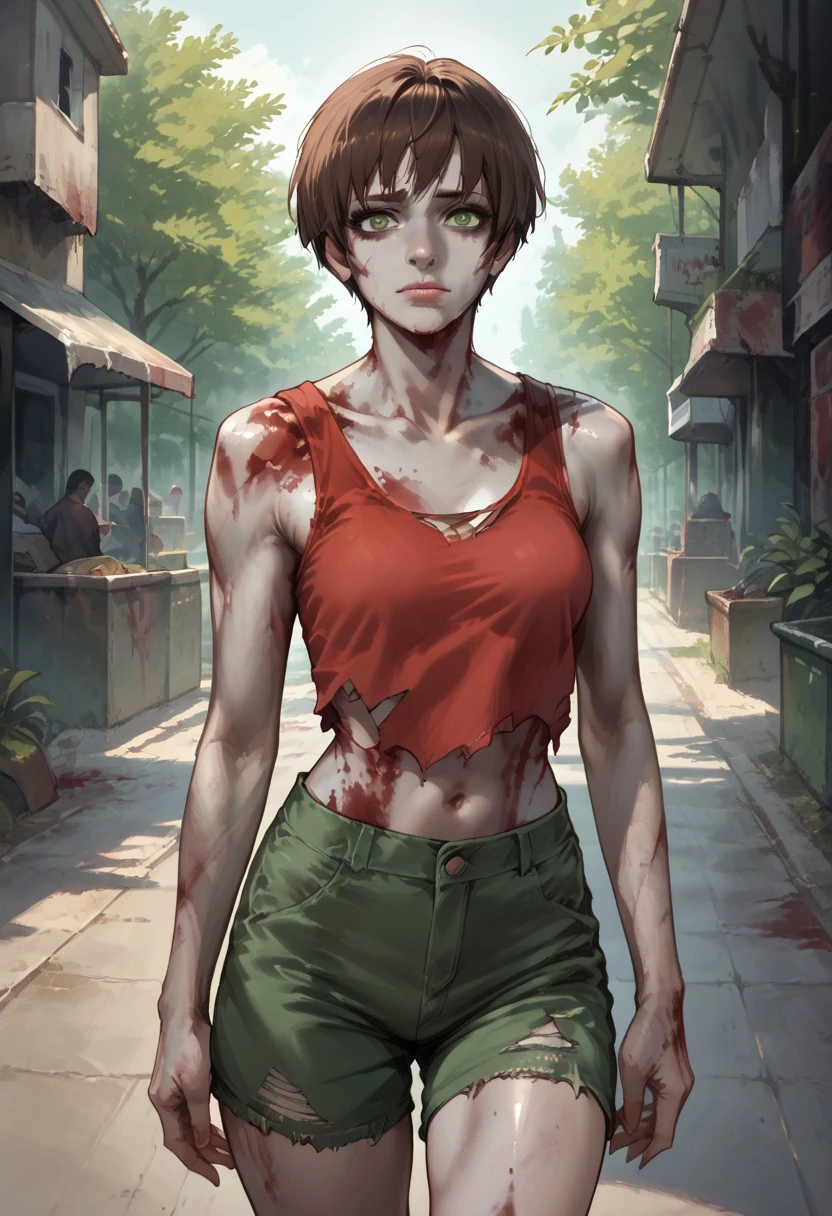 score_9, score_8_up, score_7_up, score_6_up, source_realistic, BREAK 1girl, mistyzombie, horror (theme), zombie, grey eyes, colored skin, grey skin, brown hair, short hair, green eyes, tank top, midriff, shorts, blood splatter, torn clothes,,