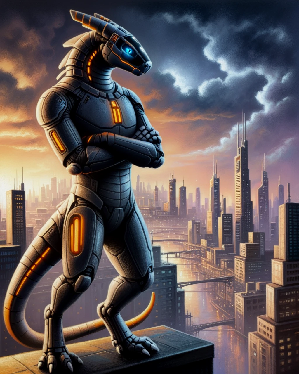 male (cyberpunk), (synth \(vader-san\), synthspecies, synthbody:1.1), glowing eyes, cybernetic grey body, orange belly, blue eyes, digitigrade, tail, standing, crossed arms, colorful background, (cityscape), clouds, fog, dark sky, dramatic illumination, intricate details, painting, (Dan mumford), by ruaidri, by kenket