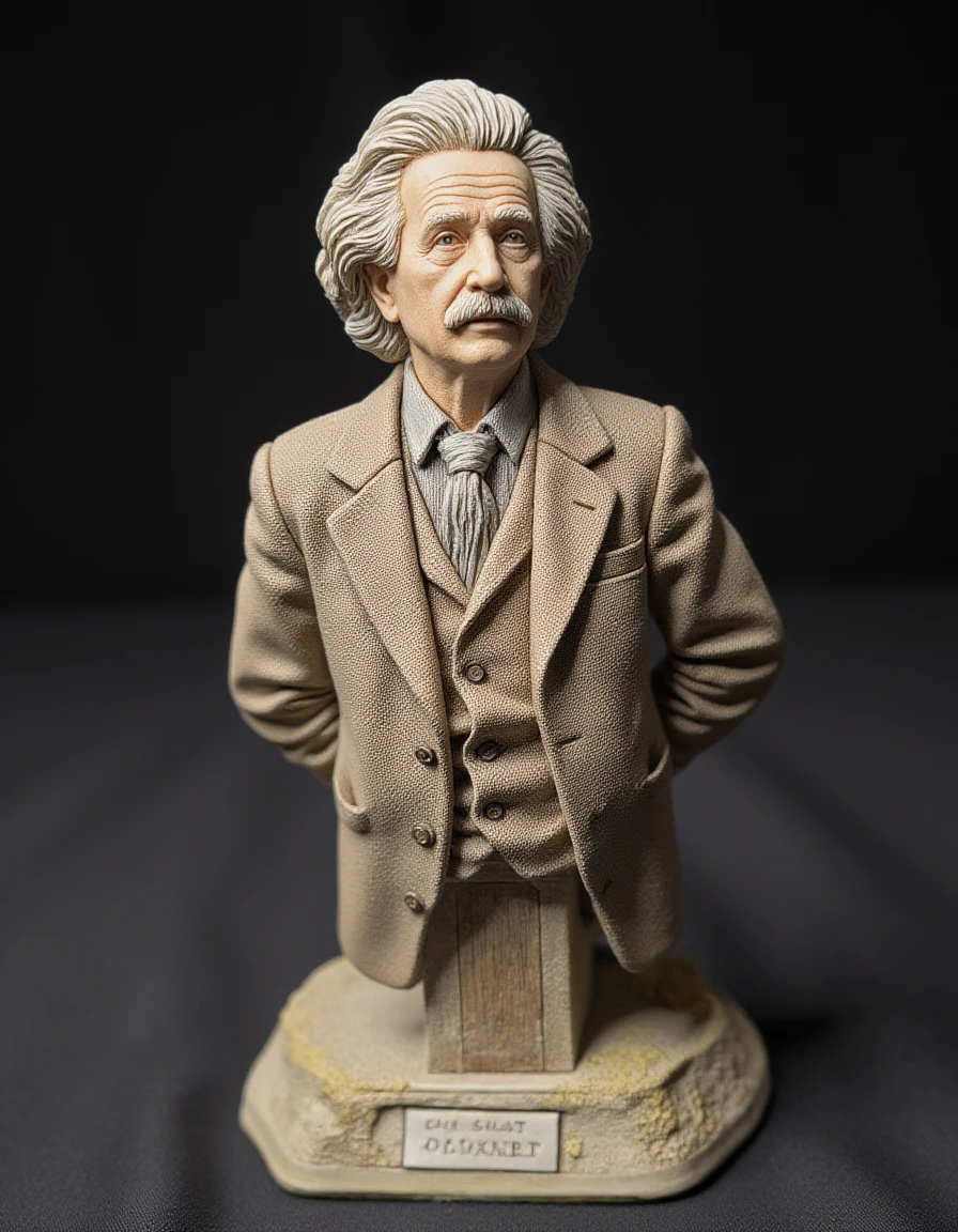 <lora:m1n14tur3_F1D_SGX:1.0>,m1n14tur3 style, a photo of a small model of a statuette bust of albert einstein,photo realistic,hyperrealism,ornate,studio photograph,bokeh,tilt shift,intricate detail,dramatic,shadows