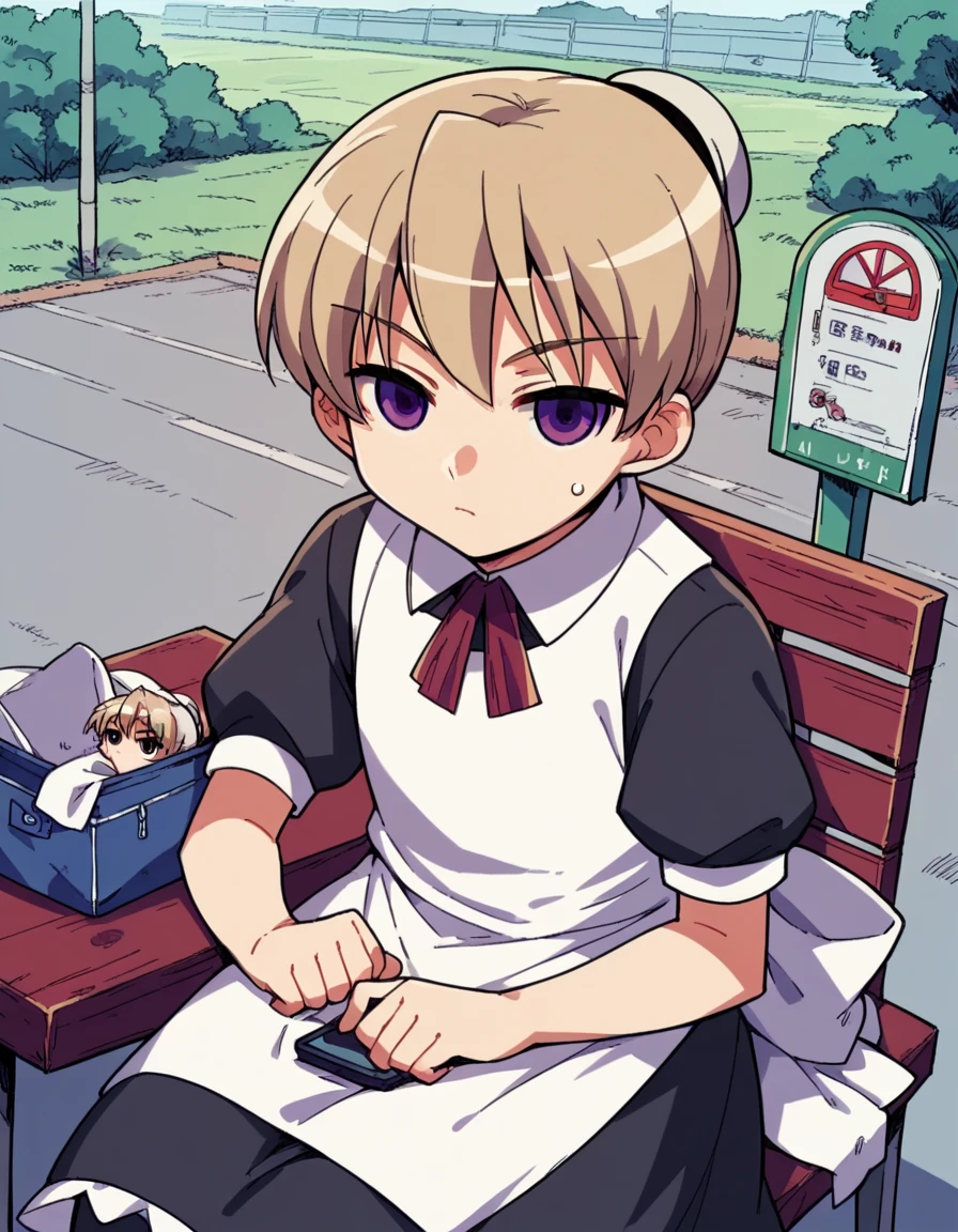 score_9, score_8_up, score_7_up, source_anime, <lora:kaibutsuoujo-flandre-s1-ponyxl-lora-nochekaiser:1>, flandre, short hair, blonde hair, purple eyes, hair bun,, apron, maid,, bus stop, waiting, commuter, smartphone, checking time, cold morning, , sitting, head rest, table,, looking at viewer, solo,, dutch angle, cowboy shot