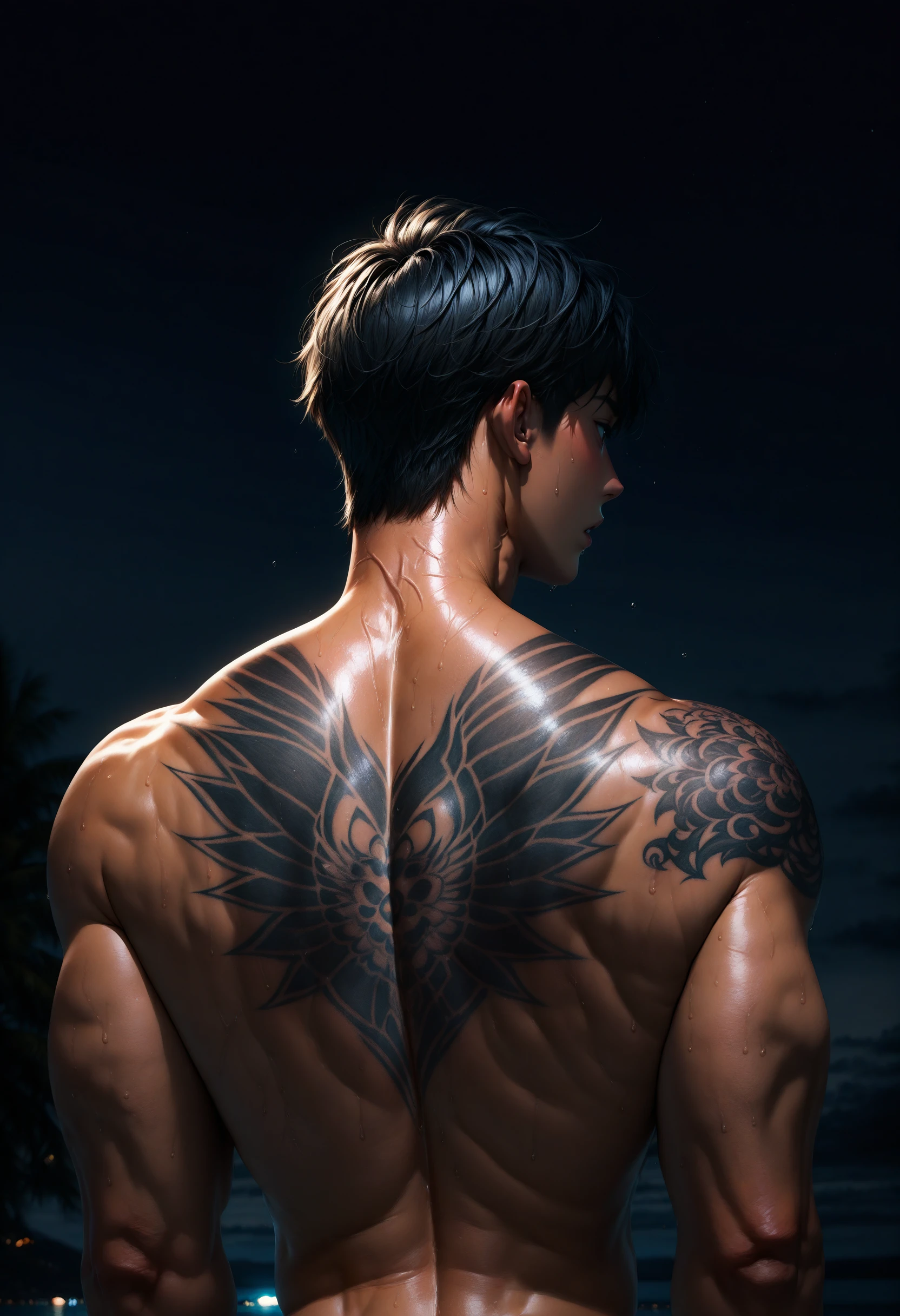 masterpiece, best quality, 1boy, solo, muscular, from behind, upper body, muscular back, black hair, short hair, looking to the side, night, dark enviroment, cinematic, veins, sweat, dark, tattoo,