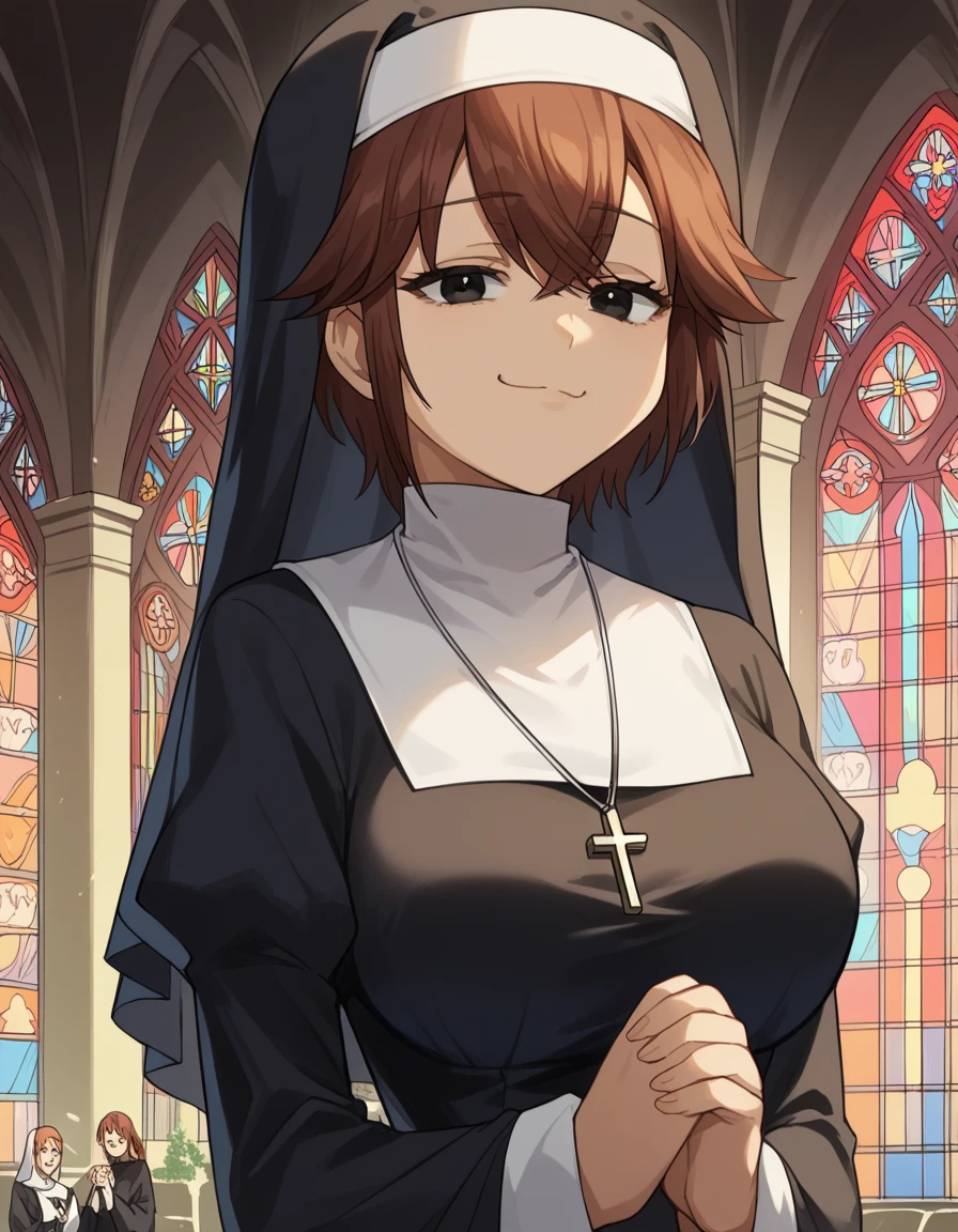 score_9, score_8_up, score_7_up, source_anime, <lora:kyouko-houin-s1-ponyxl-lora-nochekaiser:1>, kyouko houin, short hair, large breasts, brown hair, black eyes,, <lora:traditional-nun-ponyxl-lora-nochekaiser:1>, traditional nun, nun, habit, long sleeves, dress, black dress, jewelry, black veil, cross, cross necklace,, church, smug, praying,, , dutch angle, cowboy shot