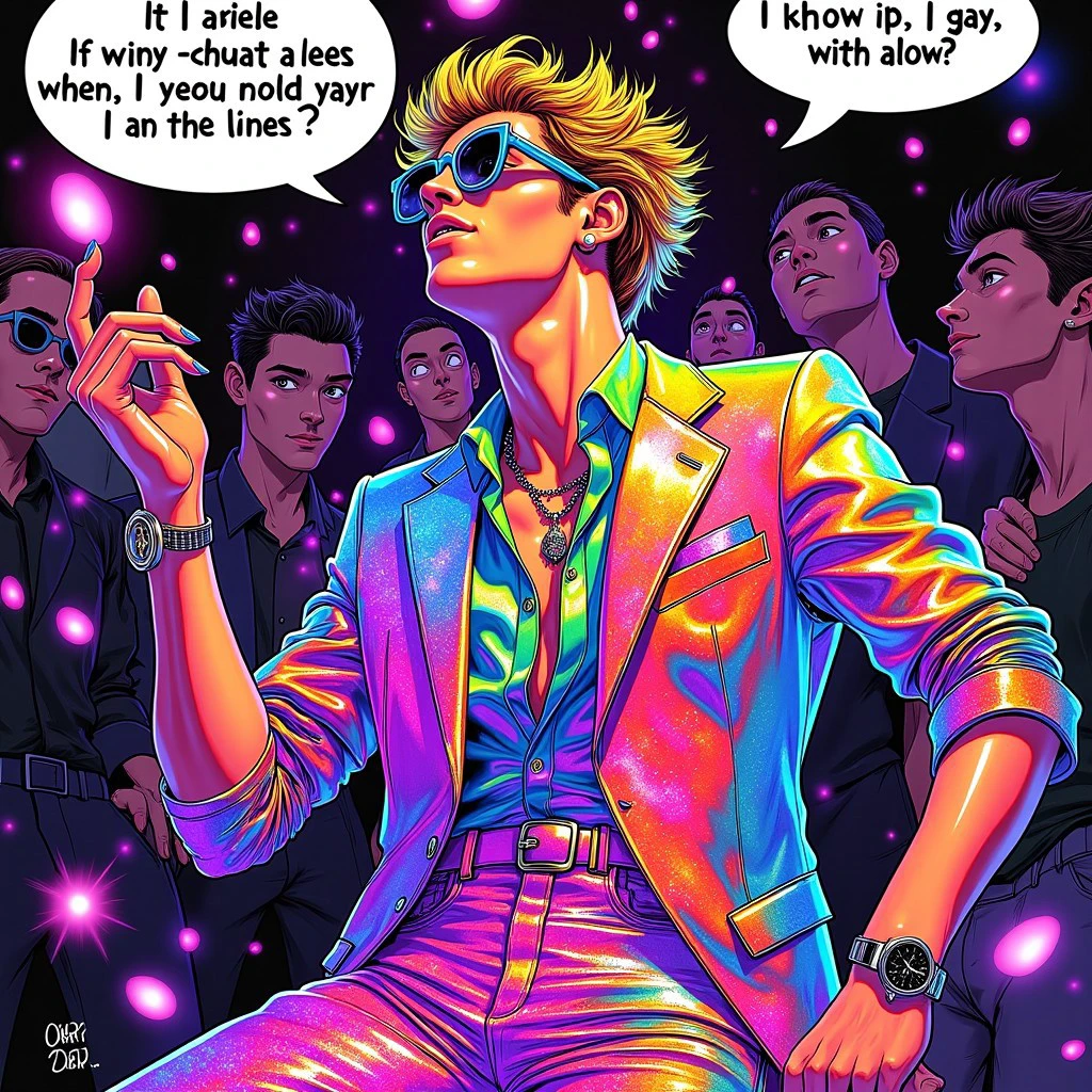 Create a (dynamic, vibrant:1.3) comic-style illustration of a (playful:1.2) scene featuring a (stylish:1.4) gay male in a (versace rainbow suit:1.3) and (raver pants:1.3), sparkles, glitter and raver club vibes, (mysterious:1.2) allure, (raver demure formal kawaii vibes) surrounded by (colorful:1.2) aesthetics with (animated:1.5) expressions, (whimsical:1.3) details, and (hilarious:1.4) dialogue bubbles. Capture the (funny:1.3) tension of "Is he trans, gay or european", while maintaining a (dynamic:1.2) atmosphere, with (bold shadows:1.3) and (expressive eyes:1.4), evoking the playful debate of attraction and identity, dynamic angles and illustrative pencils by Jim Lee and Andy Kubert