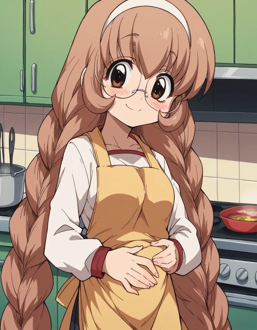 score_9, score_8_up, score_7_up, source_anime, <lora:mimi-usa-s1-ponyxl-lora-nochekaiser:1>, mimi usa, long hair, brown hair, brown eyes, very long hair, braid, hairband, glasses, twin braids,, school uniform, serafuku, long sleeves,, kitchen, cooking, apron, cutting vegetables, home cooking, smile, hand on stomach, blush,, looking at viewer, solo,, dutch angle, cowboy shot